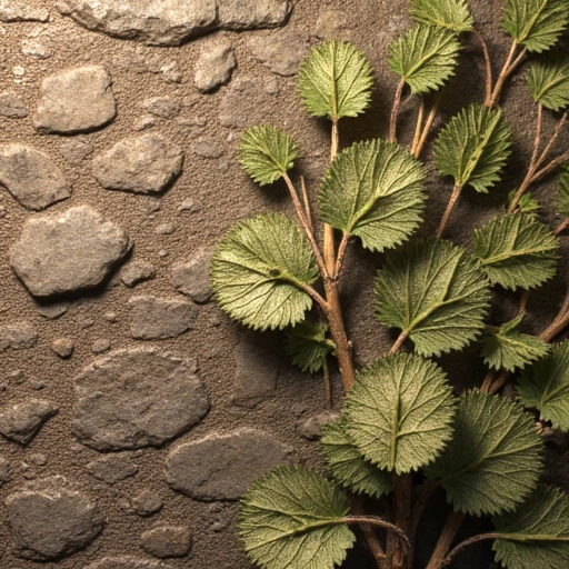 In this scene, capture intricate, highly detailed surface structures of natural materials. The patterns should be complex and show fine textures such as wood grain, rock formations, and leaf veins. Each material must appear hyper-realistic, with every detail of texture, contour, and pattern visible. Include surfaces like rough stone, smooth but weathered wood, and delicate, intricate foliage with visible veins. The composition should emphasize organic complexity, with rich, natural textures being the focal point of each material. The lighting should enhance the detailed contours, making every groove, ridge, and pattern stand out, creating a sense of natural complexity and tactile depth