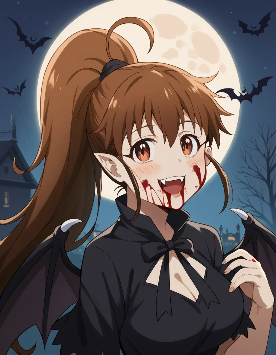 score_9, score_8_up, score_7_up, source_anime, <lora:popura-taneshima-s2-ponyxl-lora-nochekaiser:1>, popura taneshima, long hair, brown hair, brown eyes, ponytail, ahoge, large breasts,, <lora:vampire-ponyxl-lora-nochekaiser:1>, vampire, red eyes, pointy ears, fangs, black dress, wings, blood, blood on face, blood on mouth, bat (animal), halloween, halloween costume, upper teeth only, night, moon, blush, smile, open mouth,, looking at viewer