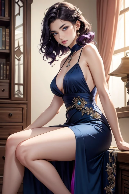 masterpiece, best quality, 1girl, dynamic angle, [:(detailed face:1.2):0.2],intricate details to the eyessky_background, barefoot, blush, strap_slip, rainbow, bare_shoulders, long dark purple hair ending in dark blue tips, drill hair style, beautiful detailed eyes,sitting, dress,couture_dress,donghua_clothes,sexy_donghua,  <lora:sexy_donghua clothes0.1:0.2>