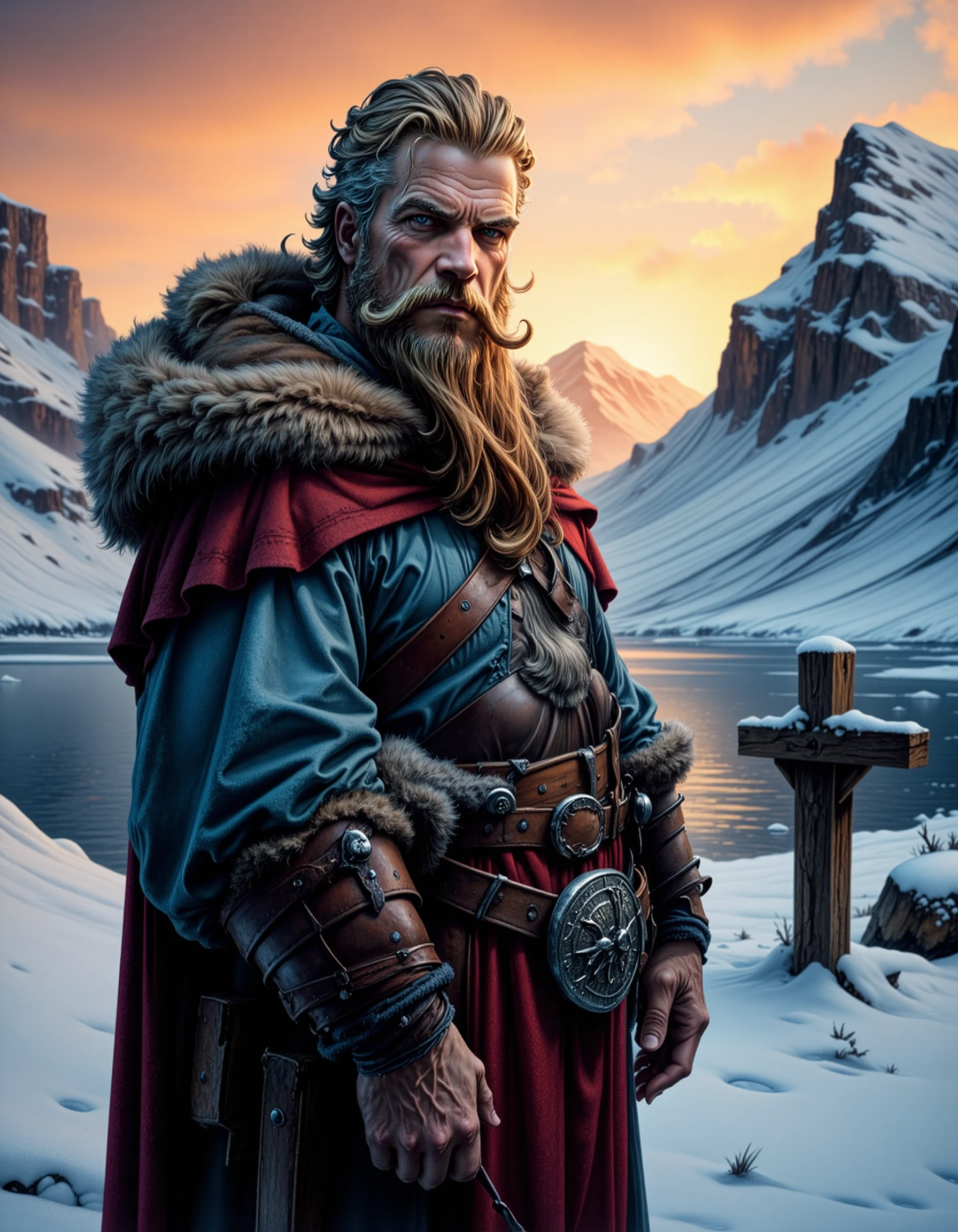 a-semi, This is a digital painting in a realistic fantasy style, featuring a rugged, bearded viking man with long blonde hair. He has a weathered, rugged face with deep lines and a stern expression. He is dressed in viking attire, including a fur-lined red cloak, a blue tunic, and leather armor. His belt is adorned with a large, ornate buckle. The background showcases a snowy mountain landscape with rocky peaks, a calm body of water with a drakkar, and a wooden cross covered in snow, standing on the right side of the image. The scene is bathed in a warm, golden light, suggesting either sunrise or sunset, adding a dramatic effect. The man's stance is confident, and he looks directly at the viewer, conveying strength and resilience. The overall atmosphere is one of cold, serene isolation, enhanced by the detailed textures and the striking contrast between the warm light and the icy environment.<lora:Western_Comic_Semirrealistic_73_JC:1>