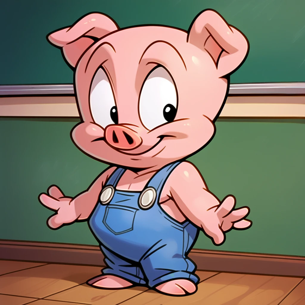 classroom, <lora:hamton-v1-11:0.9> tthamtonjp, pig boy, anthropomorphic pig, gnome, blue overalls, solo, topless male, barefoot, black eyes, standing, smile, 3finger hand, 
, score_9, score_8_up, score_7_up, score_6_up, score_5_up, score_4_up