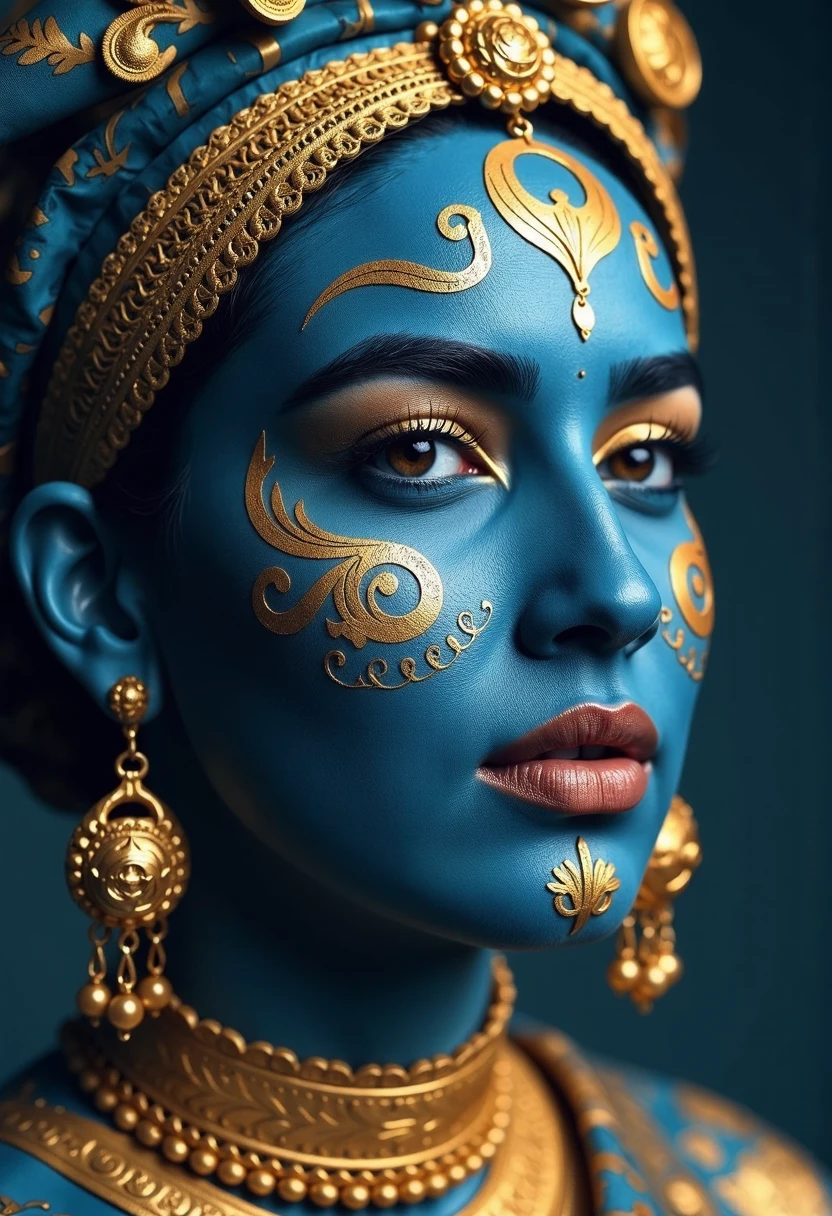 Imagine a hyper-detailed portrait of a woman with azure blue skin, her face decorated with gold tribal patterns that swirl and curve around her eyes, cheeks, and neck. The golden motifs are complex, with lines, dots, and spirals that add texture and depth to her visage. Her lips are painted with a deep metallic color that harmonizes with the golden details on her skin. She wears a prominent headdress of gold, adorned with dangling ornaments that add movement and contrast to the stillness of her face. Large, elegant gold hoop earrings complement the tribal-inspired design, and her eyes are framed with dramatic golden eye shadow and long, defined lashes. The lighting is soft yet focused, highlighting the gold’s shimmer and the matte finish of her blue skin, lending a realistic touch to this ethereal composition. This photorealistic image fuses ancient cultural elements with a modern style, creating a mesmerizing effect.