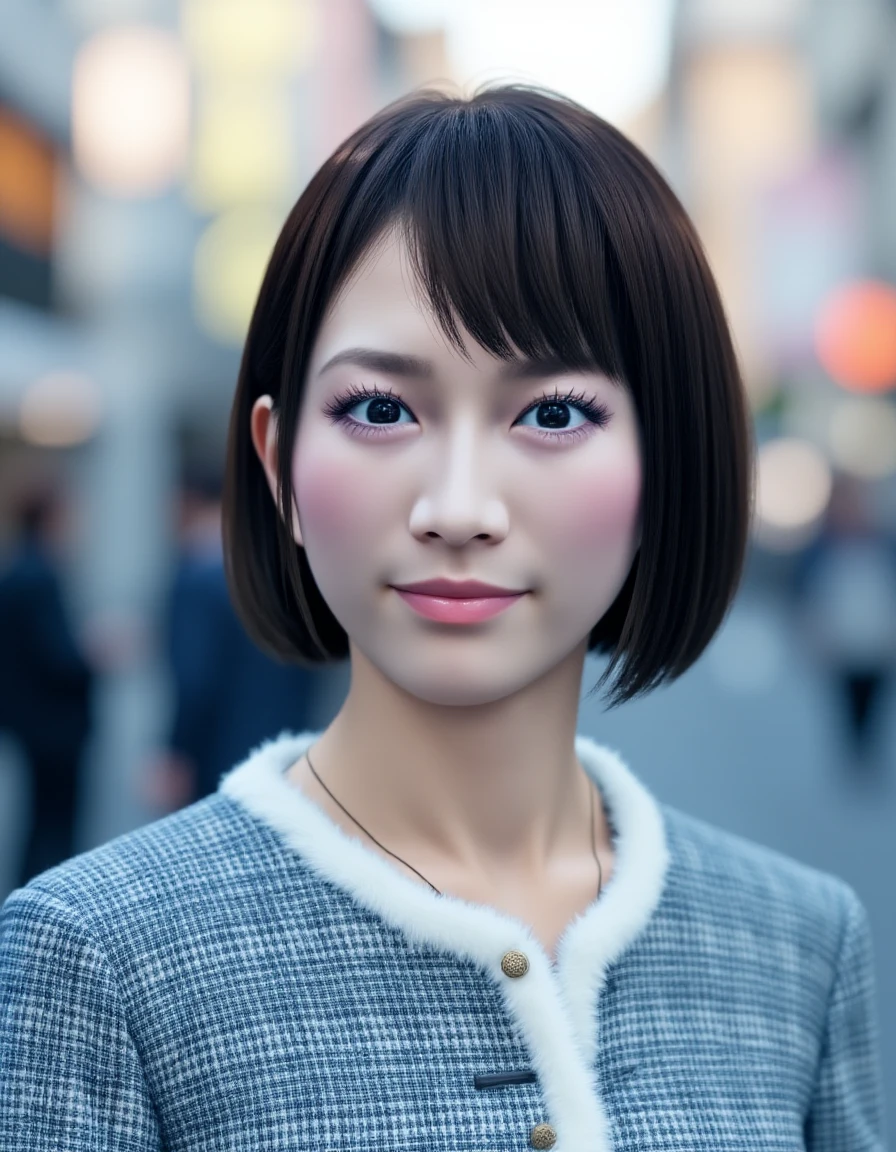 Upper body photo of young Japanese woman smiling. She has dark brown bob cut hairstyle and is wearing a grey, textured tweed blazer with white wool trim and a subtle check pattern, buttoned at the front . The background implies a Japanese city street at daytime. <lora:Saeko_Mukoda_-_Flux-000001:1>