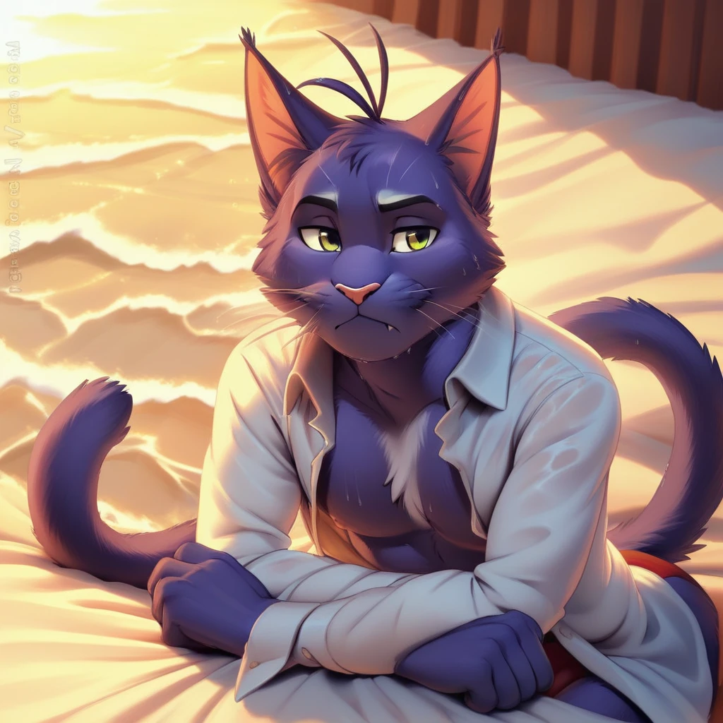 ocean, wet, clothes pull, tail, watermark, penis, antenna hair, collared shirt, male underwear, blue fur, closed mouth, white fur, holding, whiskers, head rest, breasts, fang, cat girl, day, open clothes, crossed arms, bed sheet