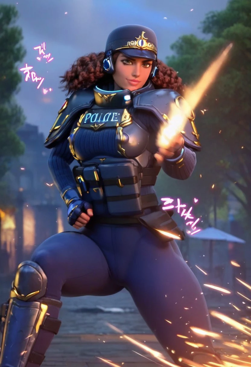 PolicewomanOW2,1girl,solo,brown hair, long hair,curly hair,very dark skin,brown eyes,dark skinned female,weapon,large breast,police,uniform,police uniform,armor,breast plate,helmet,gloves,pants,boots,thighhighs,lips,shoulder armor,leg armor,blue pants,footwear,pauldrons,sweater,belt,seductive pose,dat ass,fighting pose,fight scene,
score_9, score_8_up, score_7_up, beautiful aesthetic, very intricate, high quality details,vibrant, highly detailed, award-winning, professional,anime artwork, anime style, studio anime, athletic, toned female,muscular milf,curvy body, athletic girl,fit girl, perky tits,huge breast,perfect tits, round breasts, nipple outline,looking at viewer, pinup pose,teasing, dynamic lighting, cinematic, smug, better than you, aura of temptation, highly detailed, high resolution, masterpiece, detailed clother, detailed background, highly detailed, ((sound effects)) comic layout,