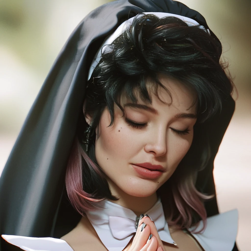 hires digital photo, photorealism, simple background, od3tt3b@1u, face focus, close up, head up, hands clapsed under chin, eyes closed, praying, mole under eye, black hair, nail polish, nun habit, head dress <lora:Odette_Balu_Transylvania_65000_Geena_Davis_PonyXL:1>, intricate details, high resolution,, PonyXL_Scores