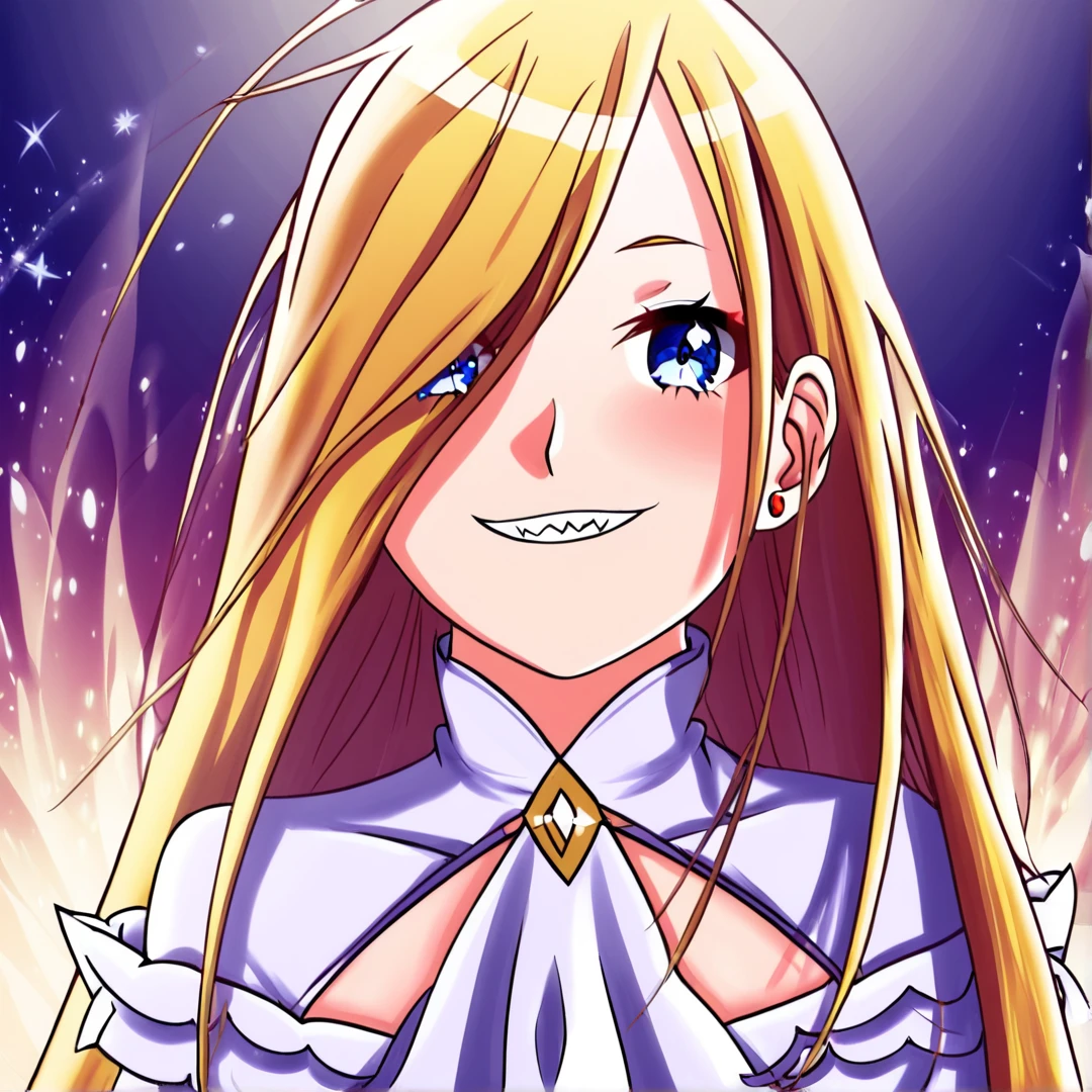 <lora:LouisArneb:1>, louis, has large blue eyes, light skin, and extremely long blonde hair, that can cover the floor like a golden sea, she has fang-shaped teeth, which help her smile look to be one more reminiscent of a menacing smirk, she normally wears an elegant white dress, that nearly looks transparent, it comes with a jabot, that has two small red lines, along the leftmost side, she is physically in her mid-teens, solo, heaven, looking at viewer