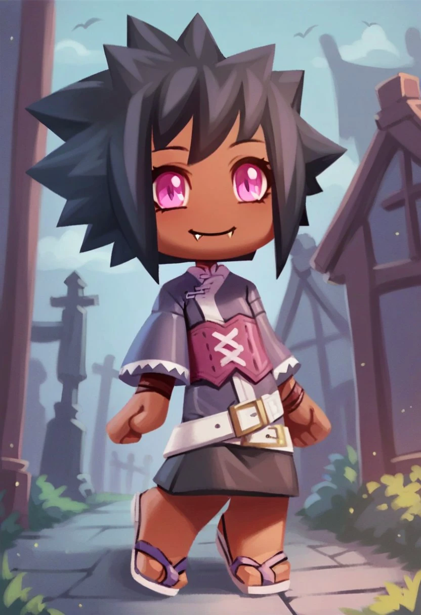 score_9_up, score_8_up, score_7_up, score_6_up, 1girl, solo, yuki_mysims, adult, chibi, short black hair, spiked hair, dark-skinned female, fangs, kimono dress, sandals, belt, pink eyes, purple eyes, smile, standing in a spooky graveyard