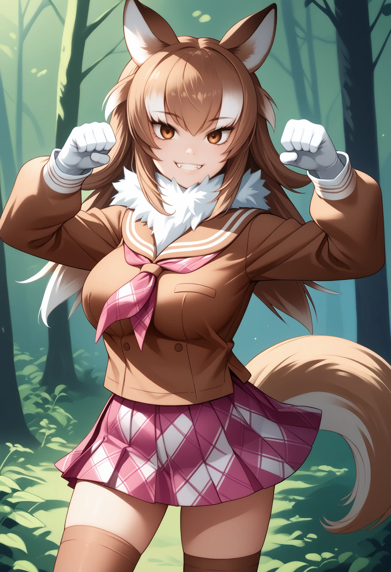 score_9, score_8_up, score_7_up, source_anime, <break> solo, 1girl, japan3sew0lf, wolf tail, fang, smile, looking at you, standing, paw pose, long hair, two-tone hair, white hair, brown hair, animal ears, animal ear fluff, brown eyes, fur collar, serafuku, brown shirt, brown sailor collar, pink neckerchief, long sleeves, white gloves, plaid skirt, pleated skirt, brown thighhighs, large breasts, outdoors, forest
<segment:yolo-face_yolov8m.pt,0.4,0.5//cid=1>