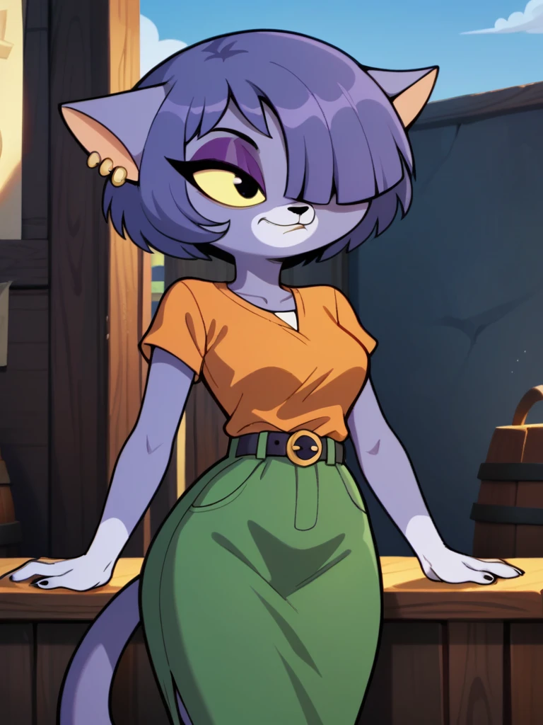 score_9, score_8_up, score_7_up, score_6_up, score_5_up, score_4_up, source_furry, solo, anthro feline, Elvira_Bunnicula, black eyes, yellow sclera, orange blouse, green skirt, earrings, belt, purple hair, short hair, bangs, hair over one eye, detailed face, detailed eyes <lora:elvira-v1:1>