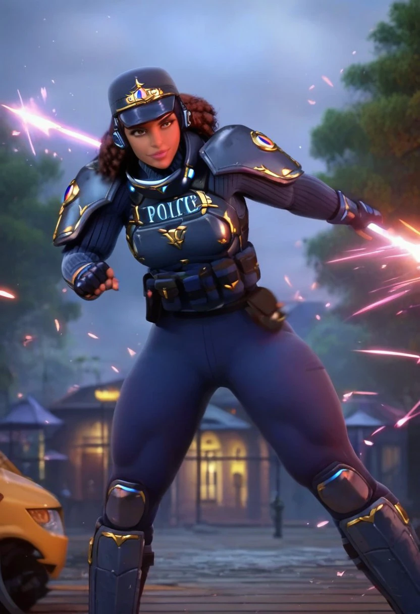 PolicewomanOW2,1girl,solo,brown hair, long hair,curly hair,very dark skin,brown eyes,dark skinned female,weapon,large breast,police,uniform,police uniform,armor,breast plate,helmet,gloves,pants,boots,thighhighs,lips,shoulder armor,leg armor,blue pants,footwear,pauldrons,sweater,belt,seductive pose,,fighting pose,fight scene,
score_9, score_8_up, score_7_up, beautiful aesthetic, very intricate, high quality details,vibrant, highly detailed, award-winning, professional,anime artwork, anime style, studio anime, athletic, toned female,muscular milf,curvy body, athletic girl,fit girl, perky tits,huge breast,perfect tits, round breasts, nipple outline,looking at viewer, pinup pose,teasing, dynamic lighting, cinematic, smug, better than you, aura of temptation, highly detailed, high resolution, masterpiece, detailed clother, detailed background, highly detailed, ((sound effects)) comic layout,