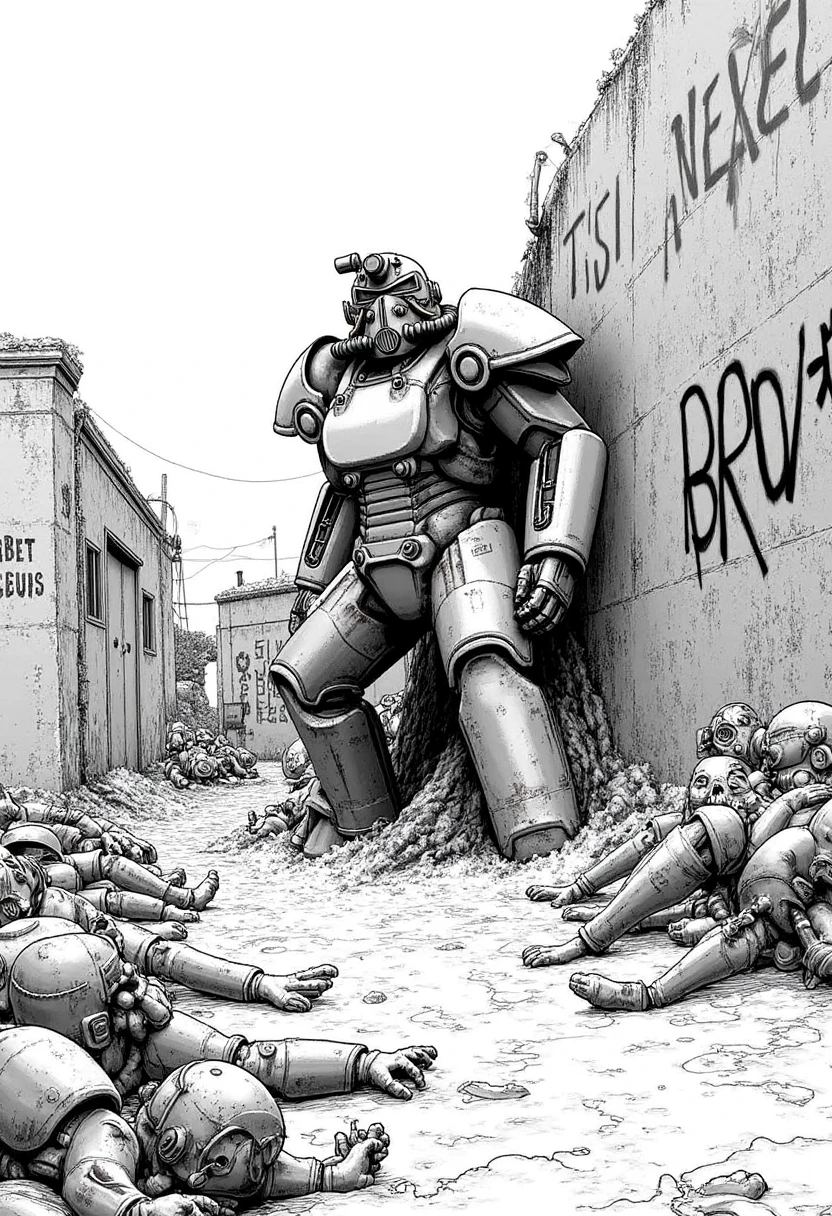 Imagine an image in the style of a gritty graphic novel: The T51 power armor is partially buried in sand, remnants of a pre-war military base around it. Skeletons in tattered uniforms lie scattered, while graffiti on the walls reflects the desperation of survivors. Dust clings to every surface, giving the scene a monochromatic, worn look.