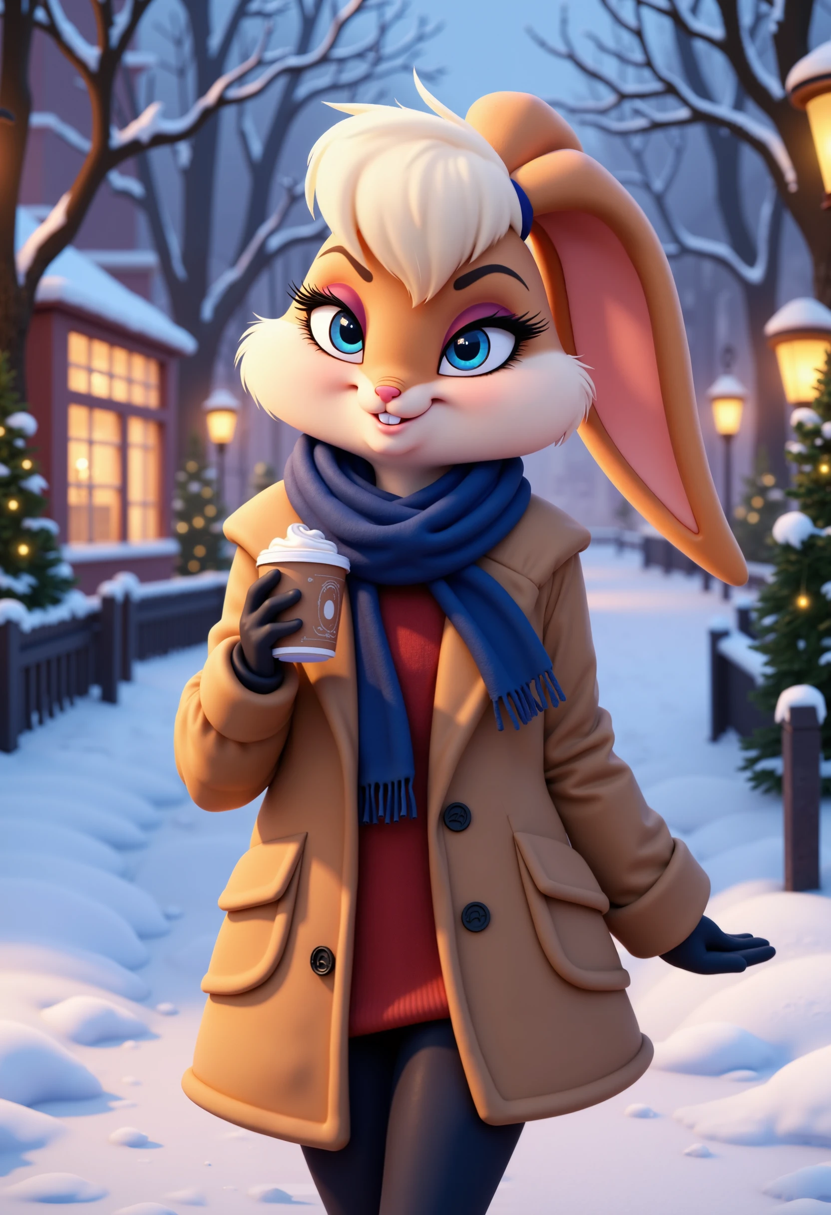 Lola Bunny in a stylish winter coat and scarf, holding a cup of hot cocoa while walking through a snowy park with festive lights.
