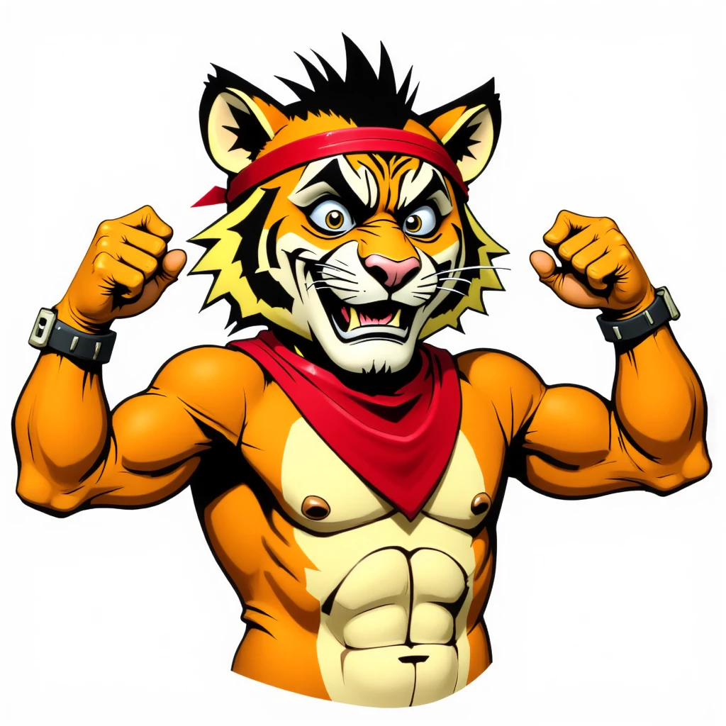 t-pose, a happy <lora:NoslooTheGreat punk-flux:.75> Tony the Tiger buff anthropomorphic tiger wearing a red bandana flexing his muscles,character sheet <lora:Everly Heights Character Maker FLUX:1>