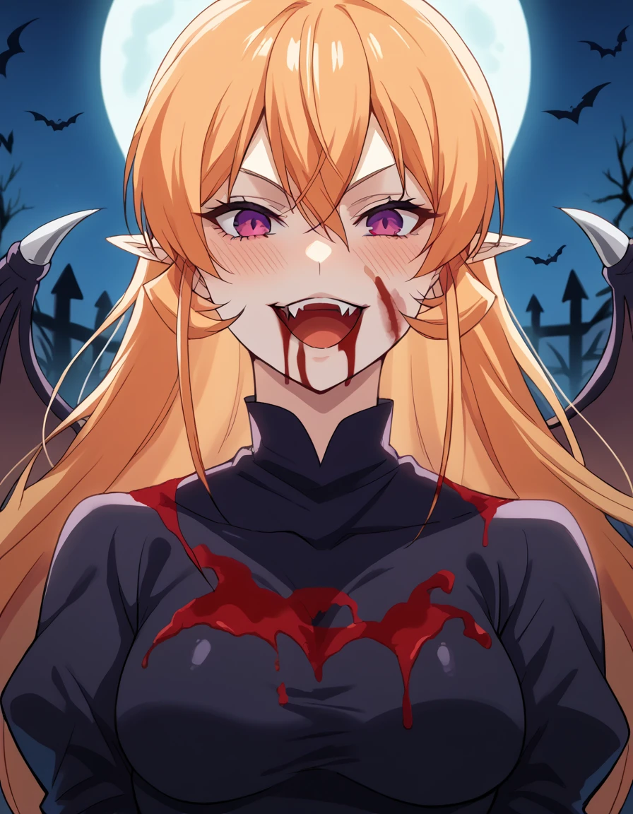 score_9, score_8_up, score_7_up, source_anime, <lora:erina-nakiri-s1-ponyxl-lora-nochekaiser:1>, erina nakiri, long hair, orange hair, purple eyes, hair between eyes, large breasts, <lora:vampire-ponyxl-lora-nochekaiser:1>, vampire, red eyes, pointy ears, fangs, black dress, wings, blood, blood on face, blood on mouth, bat (animal), halloween, halloween costume, upper teeth only, night, moon, blush, smile, open mouth,, looking at viewer