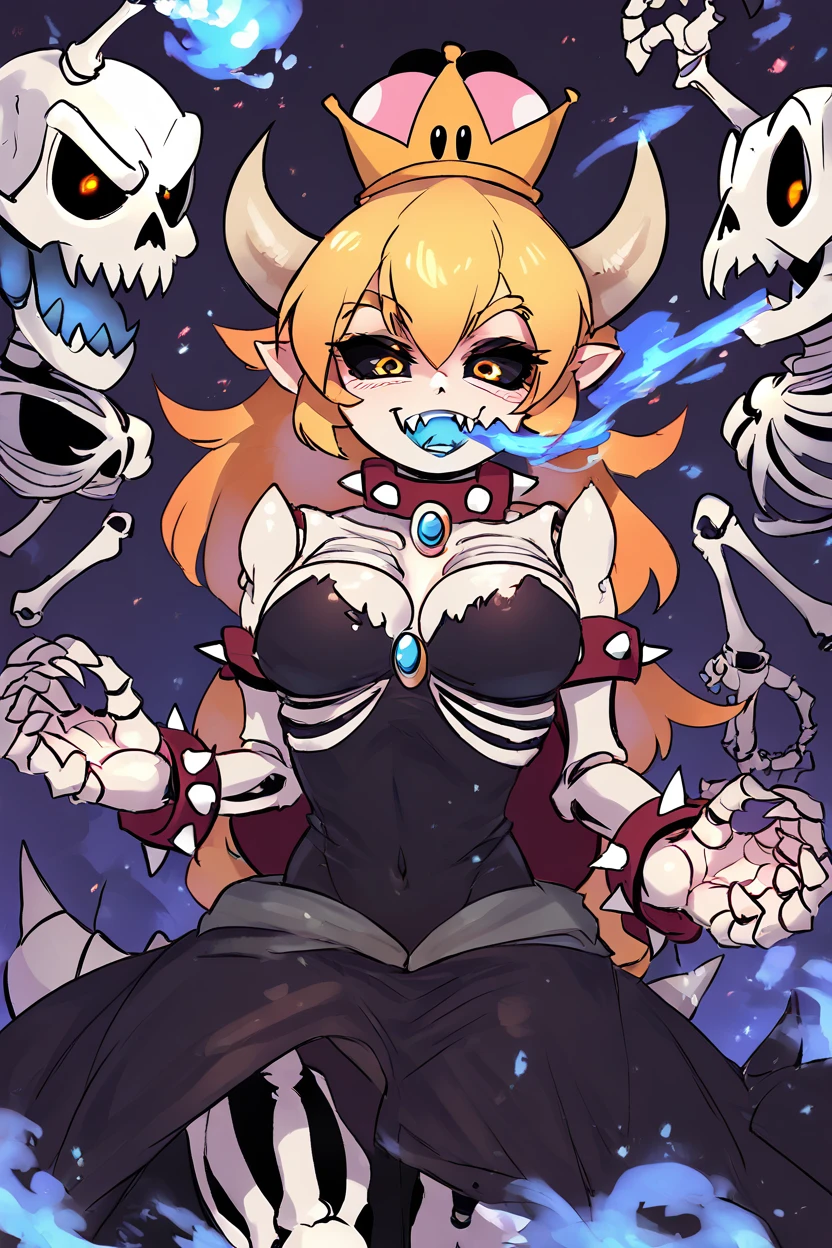 score_9, score_8_up, score_8, medium breasts, (curvy), cute, eyelashes,       BREAK, ,   zzDryBowsette, black sclera, colored sclera, skeleton, horns, spikes, dress, dress, jewelry, tail, yellow eyes, ponytail, horns, teeth, artist name, black dress, collar, bracelet, fingernails, strapless, glowing, fire, crown, sharp teeth, strapless dress, claws, spikes, armlet, colored sclera, sharp fingernails, black sclera, spiked bracelet, spiked collar, ribs, skeleton, super crown, bone, blue fire, transformation, spiked armlet, spiked shell, breathing fire, bowsette <lora:DryBowsette_PDXL:1.0>, , BREAK, smile, looking at viewer, cowboy shot, ,,, embedding:zPDXL, Expressiveh, ,,, <lora:Zankuro_Style_PDXL:0.8> <lora:SDXLFaeTastic2400:0.5>, <lora:Expressive_H-000001:0.4>,