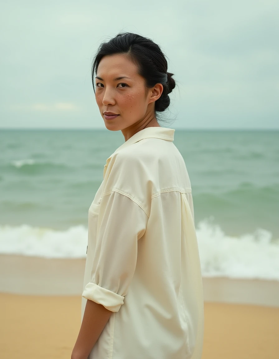 <lora:jeannie_lee_dev_f1:1>A serene and enigmatic figure emerges from the gentle haze of the ocean's horizon. The subject stands poised, yet rooted to the spot, as if suspended in time by the soothing caress of the waves. Her face is a masterful study in understatement, with features so finely etched that they seem almost chiseled out of the very essence of the sea itself. A delicate sprinkle of freckles dances across her cheeks like fireflies on a summer's eve, adding an air of whimsy to the otherwise serene tableau.
The artist's palette is characterized by soft, feathery brushstrokes and a muted color scheme that whispers of warm afternoons and whispered secrets. The white silk shirt clings to her torso with languid elegance, its delicate fabric seeming to shimmer in harmony with the ebb and flow of the water. As she stands there, bathed in the soft, diffused light that filters through the clouds, it is impossible not to be drawn into the mystery that surrounds this captivating figure.
In the background, a subtle gradient of blues and greens gives way to the horizon's gentle curve, where the sky meets the sea and the very fabric of reality seems to blur. The sand beneath her feet is a soft, golden expanse that stretches out like an unrolled scroll, inviting us to step into this fleeting moment of stillness. "You are always welcome here," she might say, if only we could hear the whispered promise carried on the ocean breeze.
The entire composition is imbued with a sense of languor and ease, as if time itself has been suspended in anticipation of something â or someone. The woman's very presence seems to draw us into this tranquil world, where the cares of the world are washed away by the gentle lapping of the waves against the shore. And so we remain, transfixed by her ethereal beauty and the secrets that lie hidden beneath the surface of this serene and captivating landscape.