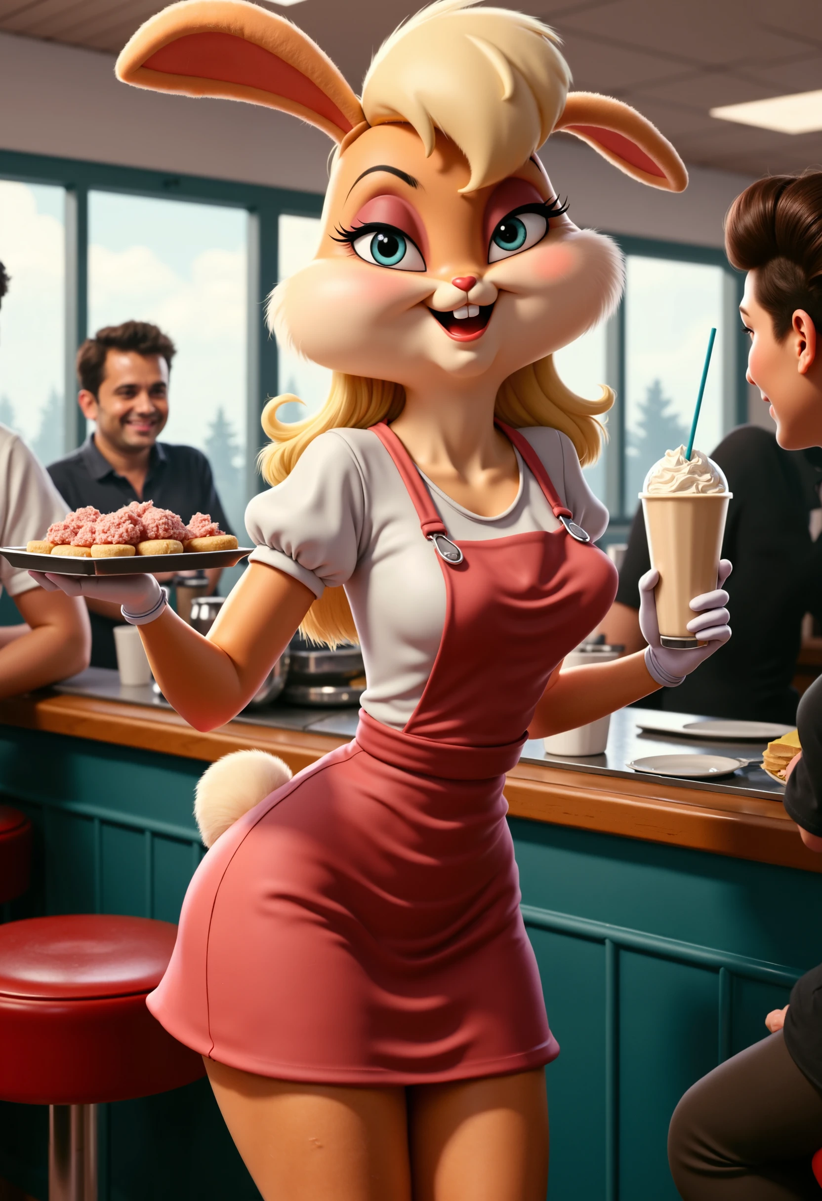 Lola Bunny in a 1950s-style diner waitress outfit, holding a tray with a milkshake and smiling at a customer in a retro diner setting.