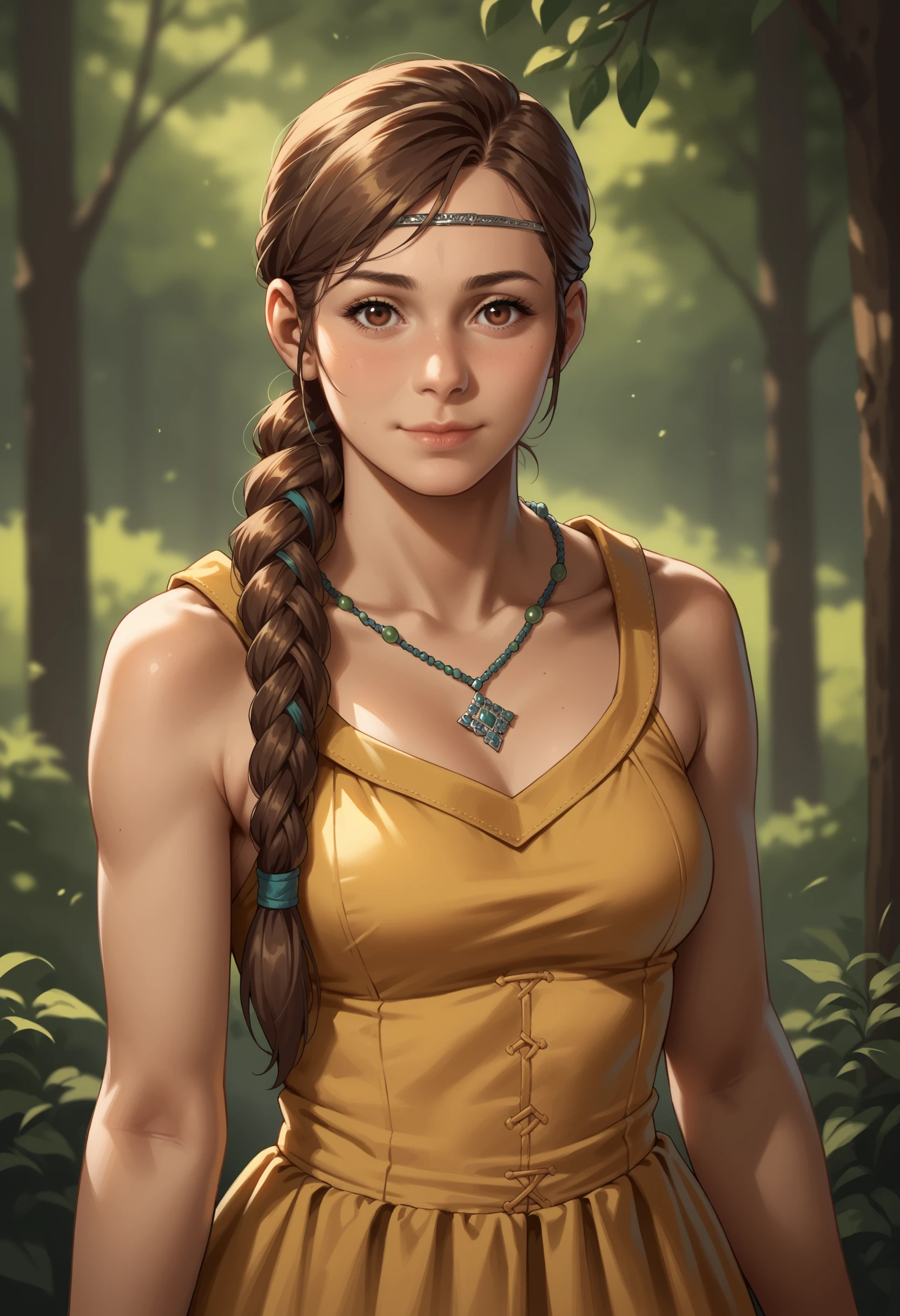 score_9, score_8_up, score_7_up, score_6_up, score_5_up, score_4_up, 1girl, <lora:BeatricePTR:0.7> breasts, brown hair, long hair, braid, brown eyes, single braid, hair over shoulder, necklace, circlet, yellow dress, wearing a dress, bare arms, bare shoulders, upper body, standing, looking at viewer, smile, bedroom eyes,
forest background,