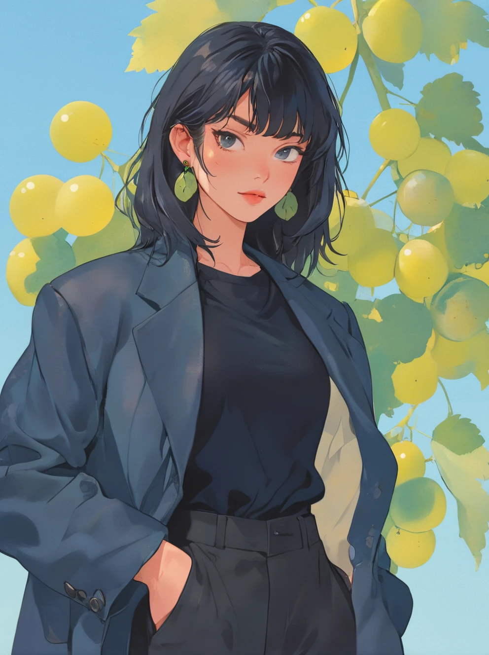 ,donmenshiji,1girl,solo,jewelry,earrings,mole,shirt,black hair,looking at viewer,simple background,black shirt,pants,jacket,coat,bangs,medium hair,lips,open clothes,taotail,fruit,food,leaf,grapes,food focus,plant,still life,blue background,day,outdoors,<lora:Dmshiji-wwm:0.75>