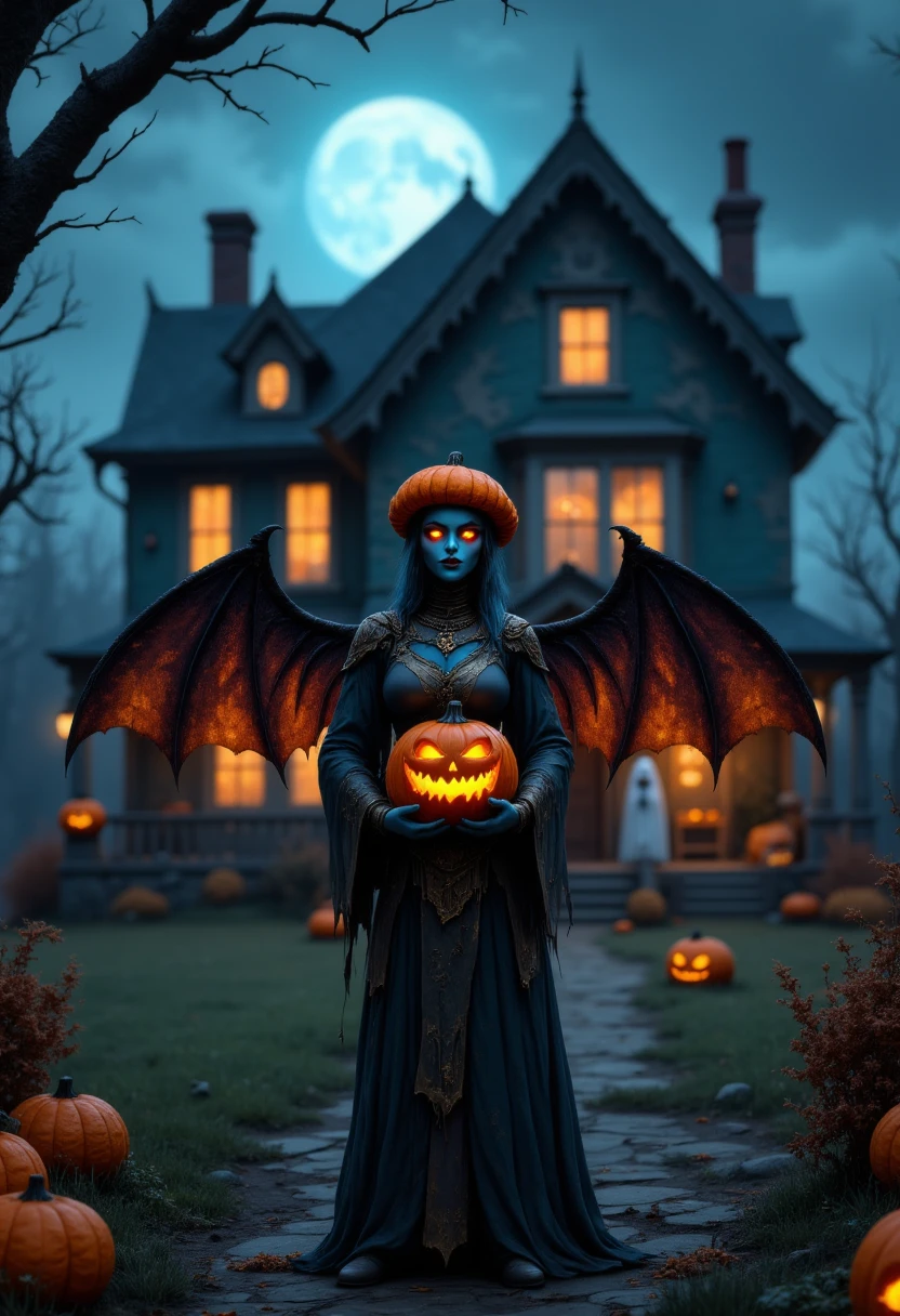 hellguardianoween, wings, blue skin woman , posing for a photo , holding pumpkin, fullbody shot,A dark Halloween night with a spooky, haunted house in the background. A woman, dressed in a Halloween costume, stands on the front porch, holding a carved pumpkin that glows with an eerie light. The house is adorned with cobwebs, ghostly decorations, and flickering jack-o'-lanterns. The moonlight casts long shadows, and a light fog rolls across the yard, adding to the creepy, mysterious atmosphere. It's the perfect setting for a trick-or-treat moment, with a sense of eerie anticipation in the air., creepy , high quality, looking at the viewers, detailed face, photorealistic effect, 8k, glowing orange eyes.<lora:FLUX_HellGuardianoween_LoRA:1>