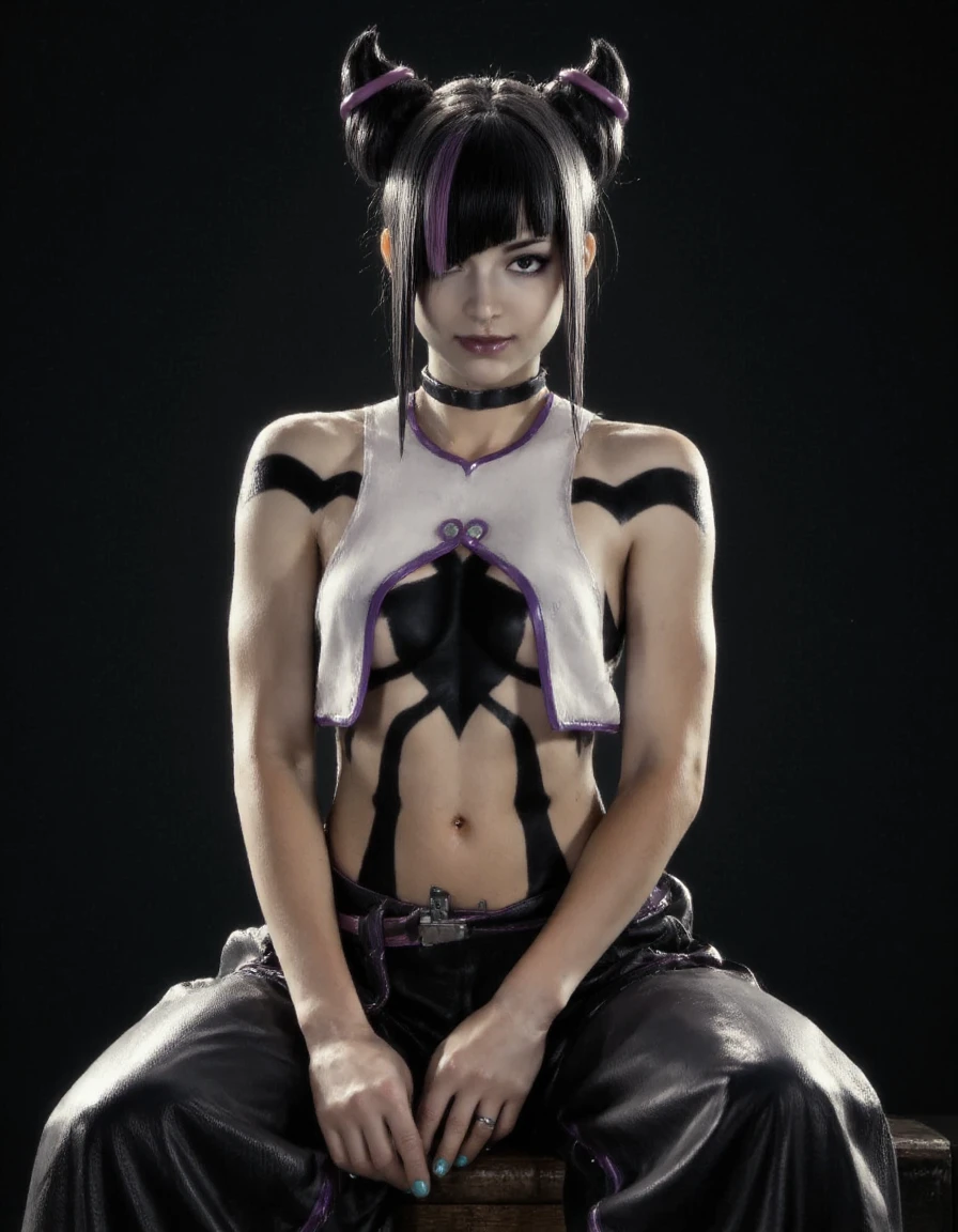 a high-contrast, noir-style portrait of âââ <lora:Juri_Han_Fadoo-Flux:1> juriv1ff, juri han, black hair, hair horns, multicolored hair, sitting <lora:Sin_City_-_Flux_Lora:1> sinCityâââ