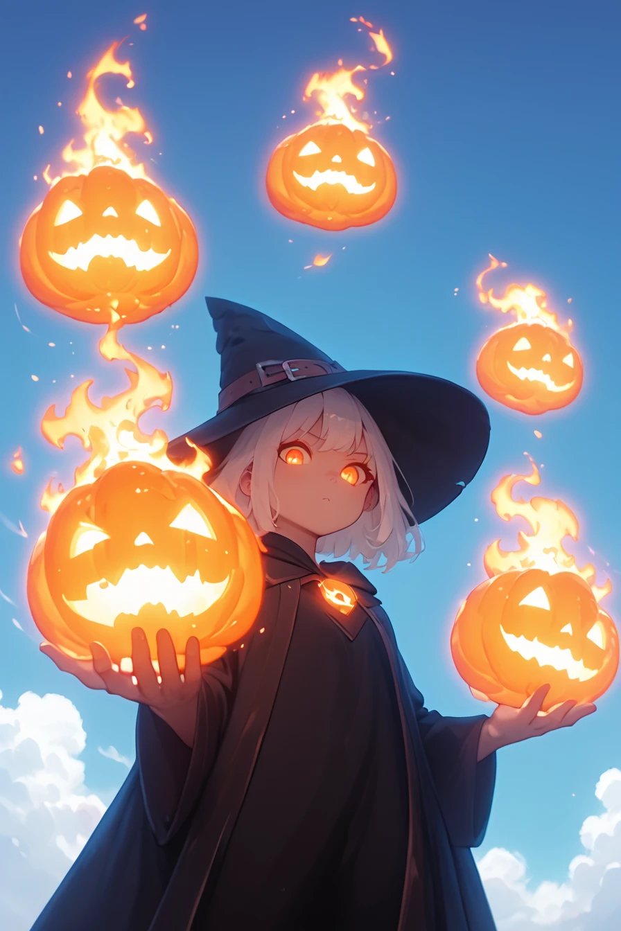 score_9, score_8_up, score_7_up, upscale 2x,(low angle view, a beautiful evil witch, white short hair, orange glowing eyes, wearing a black robe with details and a oversized witch hat, she is casting spells that looks like burning pumkins that floats around her, burning pumpkins, pumkin spells,  background:1.2)