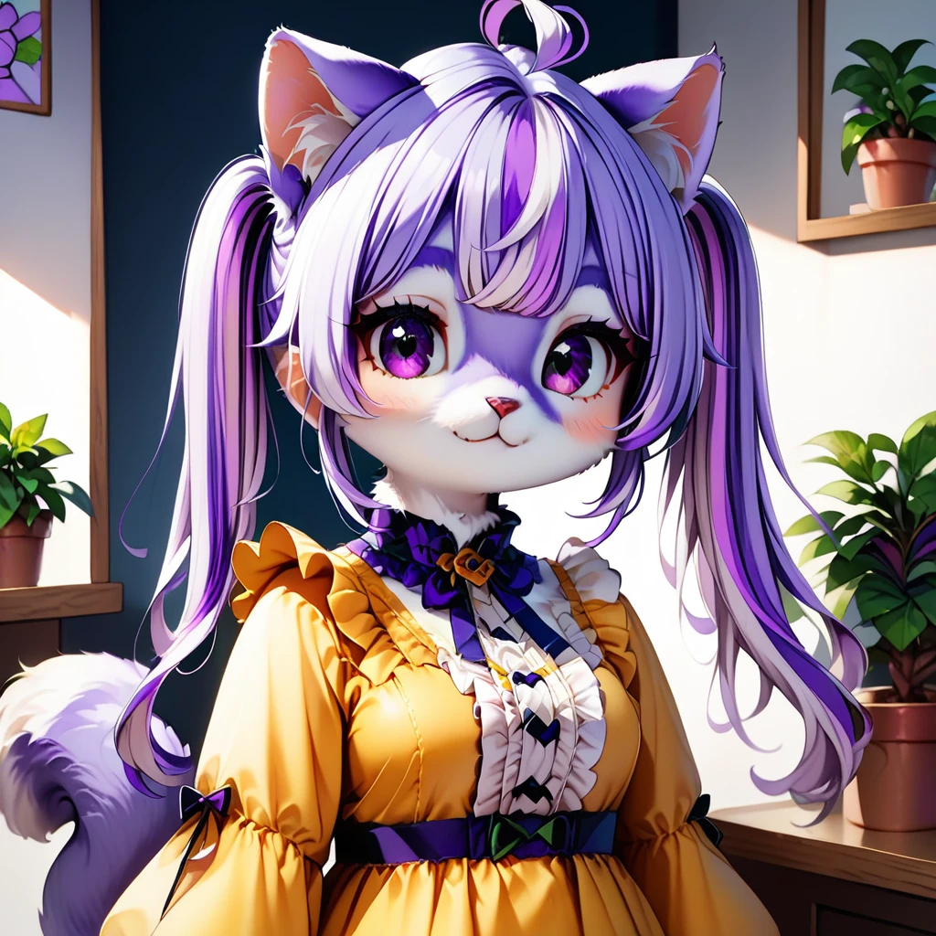 white fur, body fur, multicolored hair, light purple cat ears, 1girl, two-tone fur, animal ears, mauveko, potted plant, solo, purple hair, cat, :3, ahoge, twintails, furry