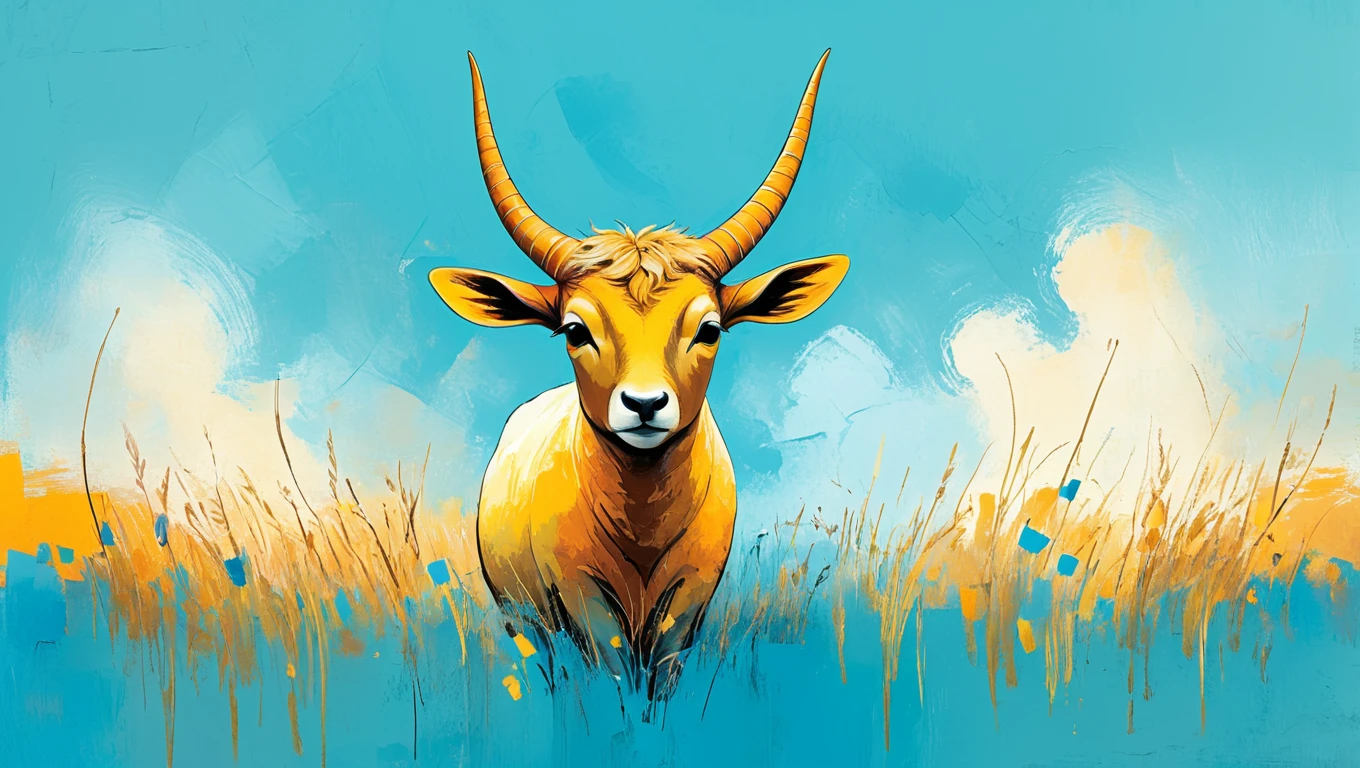 a whimsical animal with spiral horns in a a field bathed in bold, contrasting colors, evoking a sense of quiet exhilaration with the theme of unexpected warmth. Rendered in modernist sketch style using mediums such as impasto technique with color blocks, collage with paint overlays, textured digital brushes, featuring a color palette of warm golds with hints of sky blue. Accents include soft glow of light peeking through, faint color blocks emerging, with special stylistic elements like splotches of mixed colors, soft haze around bright colors, wide and energetic strokes.  <lora:artfullyBAAH:1>