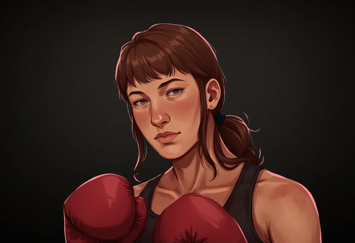 yyg_portrait of young female boxer, sweaty, tank top, holding her boxing gloves in front of her ready to fight