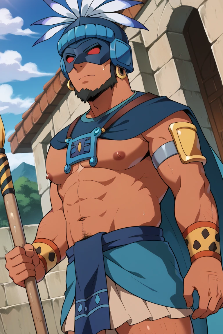 score_9, score_8_up, score_7_up, score_6_up, perfect anatomy, perfect proportions, best quality, masterpiece, high_resolution, high quality, best aesthetic, incredibly absurdres, highres, extremely detailed, huge filesize, mature, masculine, manly, virile, handsome, charming, alluring, bara, male focus, solo male, cowboy shot, dutch angle, source_anime \(Doraemon: Nobita and the Legend of the Sun King\), anime coloring \(Doraemon: Nobita and the Legend of the Sun King\), Coatl \(Doraemon: Nobita and the Legend of the Sun King\), Spear Master \(Doraemon: Nobita and the Legend of the Sun King\), DMCoatl, black hair, red eyes, long sideburns, chinstrap beard, jawline beard, eyes behind mask, dark-skinned male, Coatl_outfit01, Maya clothing, Maya helmet, blue helmet, plumed headdresses, feathers, half mask, blue mask, hoop earrings, Maya necklace, blue shoulder cape, short cape, upper arm armor, brown arm armor, jaguar spot wristband, topless, bare abdomen, Maya wraparound skirt, light-blue skirt, male skirt, dark blue girdle, dark blue hip cloth, jaguar spot legbands, , outdoors, Maya Architecture, Mesoamerican pyramids