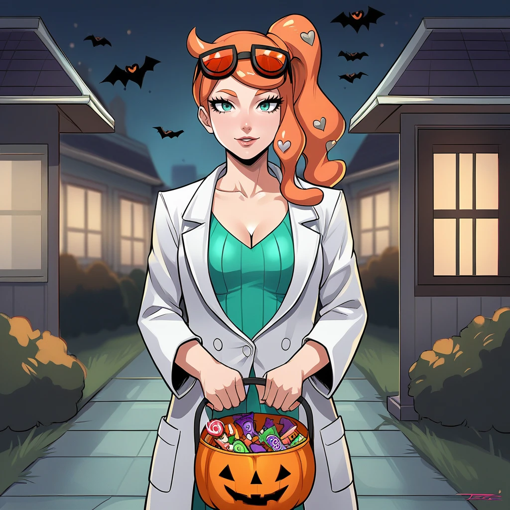 score_9, score_8_up, score_7_up, score_6_up, score_5_up, score_4_up, zPDXL2,source_anime,rating_questionable,solo, 1girl, sonia_(pokemon), labcoat, goggles, mad scientist, Halloween costume, <lora:Halloween_Bucket:0.8> h4llbck, halloween bucket, looking at viewer, candy, outdoors