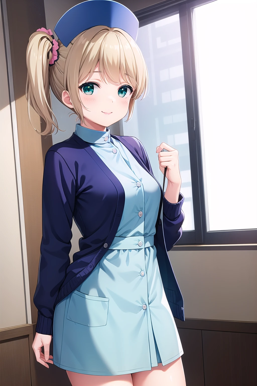 (masterpiece, best quality), highly detailed background, perfect lightingbest quality, etokurumi, solo, indoors, hospital, nurse, nurse cap, blonde hair, hair scrunchie, pink scrunchie, side ponytail, bangs, short hair, green eyes, small breasts, blue cardigan, open cardigan, blue dress, smile, closed mouth, :), pink lips, <lora:Eto-Kurumi:0.7>