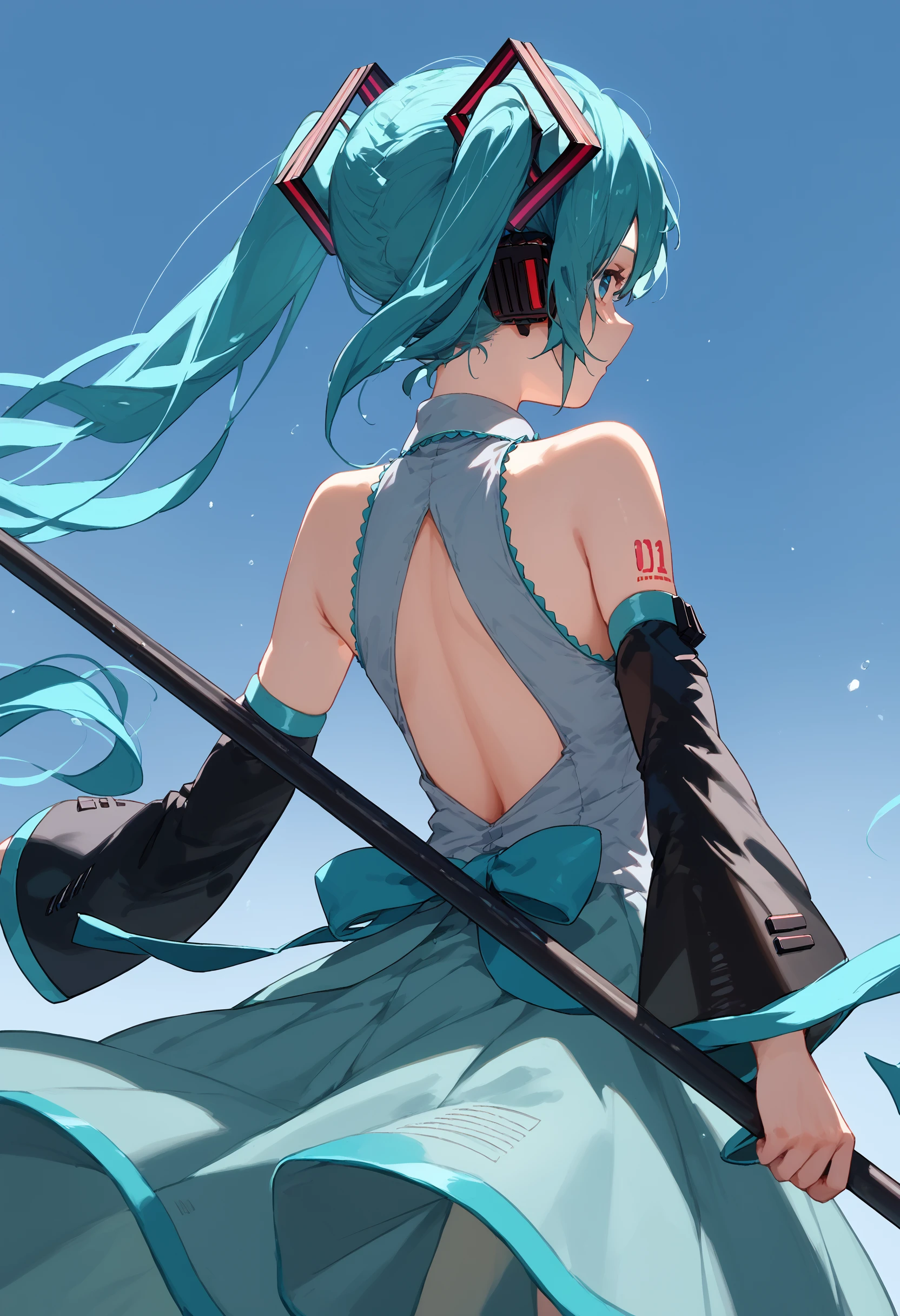 score_9, score_8_up, score_7_up, 1girl holding polearm from behind, simple background, hatsune miku, blue theme, sleeveless dress, detached sleeves
<lora:holding_polearm_from_behind_pose_final:1>