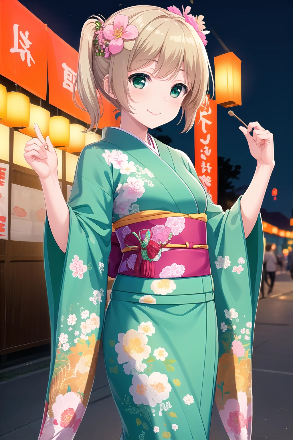 (masterpiece, best quality), highly detailed background, perfect lightingbest quality, etokurumi, solo, outdoors, night, summer festival, blonde hair, flower hair ornament, side ponytail, bangs, short hair, green eyes, small breasts, green kimono, floral print, wide sleeves, obi, sash, japanese clothes, smile, closed mouth, :), pink lips, <lora:Eto-Kurumi:0.7>