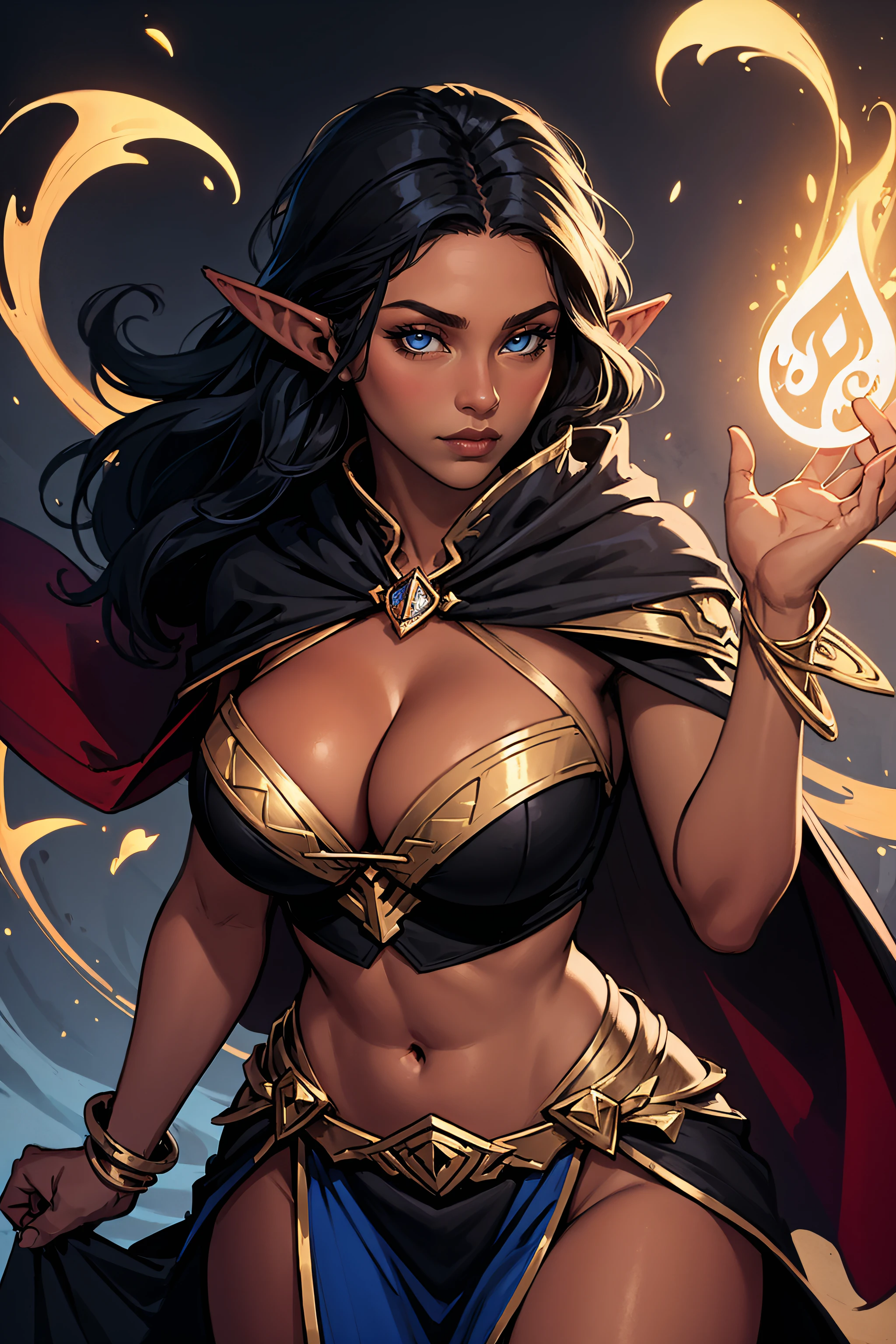 (masterpiece, highest quality, illustration), fantasy, upper body, cowboy shot, solo, woman, sorceress, elf, long black hair, blue eyes, (dark skin:1.2), (cleavage:1.6), thighs, cloak, crop top, pelvic curtain, casting spell, floating runes, magic swirls, golden details, colorful, facing the viewer, leaning