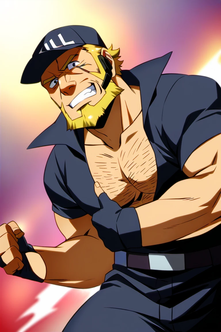 score_9, score_8_up, score_7_up, score_6_up, perfect anatomy, perfect proportions, best quality, masterpiece, high_resolution, high quality, best aesthetic, incredibly absurdres, highres, extremely detailed, huge filesize, mature, masculine, manly, virile, handsome, charming, alluring, bara, male focus, solo male, cowboy shot, dutch angle, source_anime \(Cells at Work! CODE BLACK\), anime coloring \Cells at Work! CODE BLACK\), Killer T Cell, CaWBlKillerTCell, (blond hair, black eyes, sanpaku, long sideburns, facial hair, chinstrap beard, jawline beard, scar on face, scar on cheek,  (old man, wrinkle, rugged, brute face), CaWBKillerTCell_outfit, black cap, Killer T Cell cap \(Cells at Work\), black earpiece, Killer T Cell uniform, black shirt, partially unbuttoned shirt, chest hair, short sleeves, black fingerless gloves, (black long pants, black pants), grin, look at viewer, from below, low angle, Cells at Work city background, outdoors