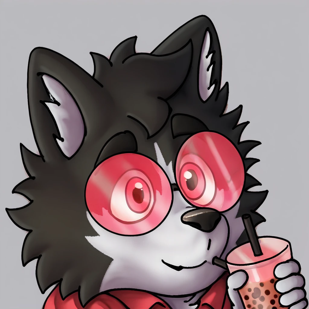 score_9_up, score_8_up, score_7_up, source_furry, mikus-pudim, husky, dog, gray fur, yrllow eyes, pink glasses, solo, 1boy, holding, bubble tea, park