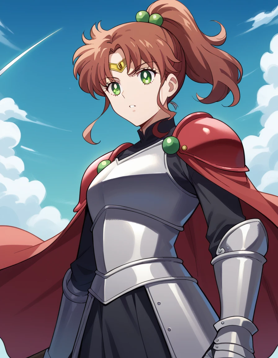 score_9, score_8_up, score_7_up, source_anime, <lora:makoto-kino-eternal-movie1-ponyxl-lora-nochekaiser_r1:1>, makoto kino, brown hair, circlet, green eyes, hair bobbles, hair ornament, medium hair, ponytail, sidelocks, parted bangs,, <lora:knight-ponyxl-lora-nochekaiser:1>, knight, armor, cape, sword, weapon, holding weapon, shoulder armor, gauntlets, helmet, pauldrons, red cape,, blue sky, clouds, from below, parted lips, looking at viewer