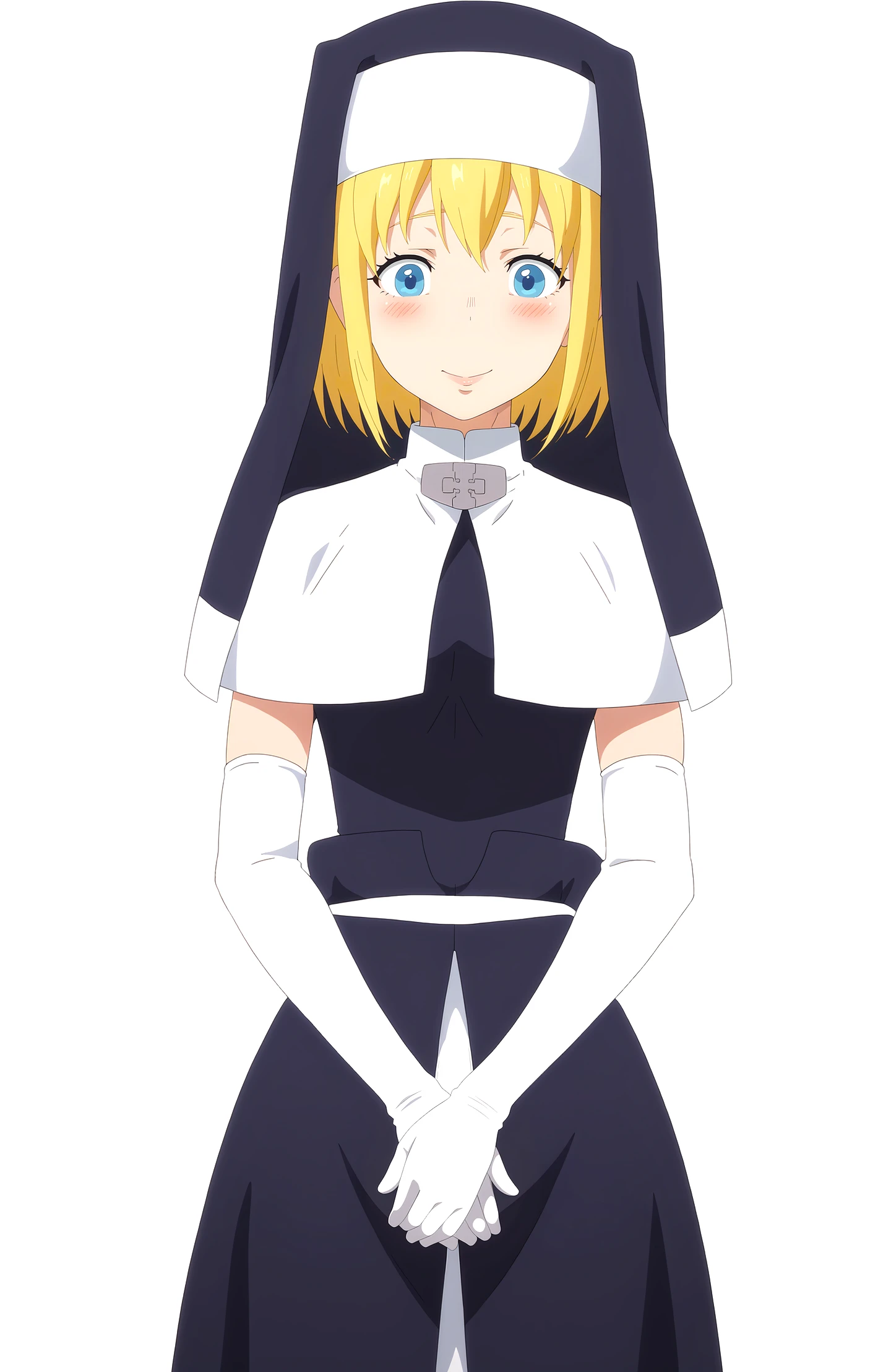 simple background, white background, parted lips, smile, own hands together,
BREAK, <lora:Taz_Iris_V1:1> tz-iris, blonde hair, nun, capelet, elbow gloves,
