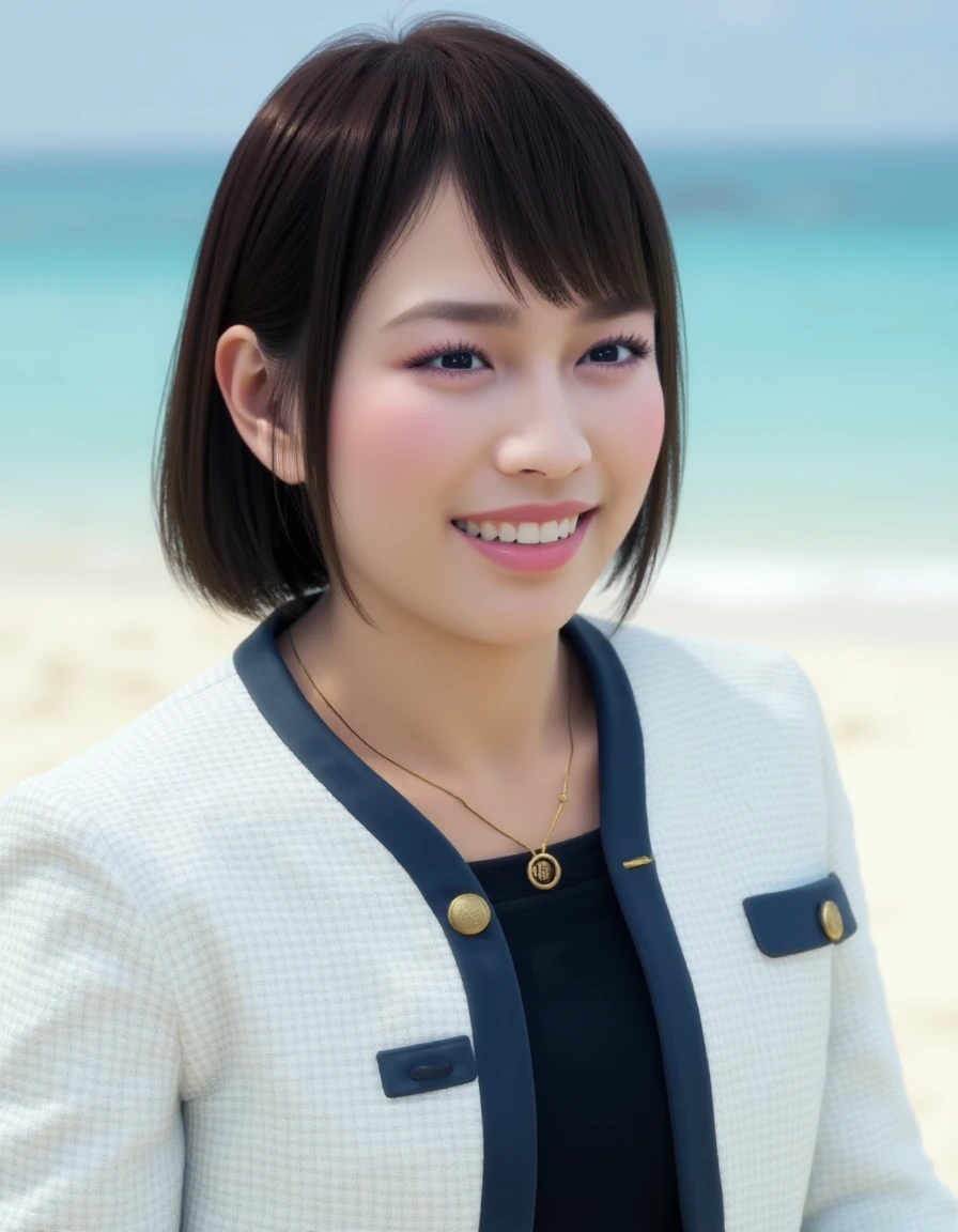 Upper body photo of young Japanese woman laughing. She has dark brown bob cut hairstyle and is wearing a necklace and white textured blazer with dark trim and gold buttons over a black top. The background implies a tropical beach at daytime. <lora:Saeko_Mukoda_-_Flux-000001:1>