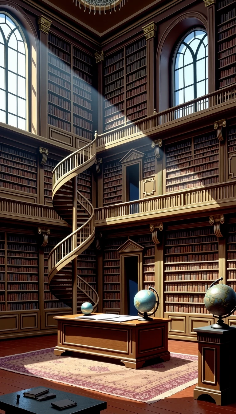 A magnificent library with towering bookshelves that stretch to the ceiling, packed with old leather-bound books. A spiral staircase winds up to a second-level balcony, and a large, wooden desk sits in the center of the room. Floor-to-ceiling windows fill the space with natural light, and globes, maps, and antique curios are scattered around.  <lora:Everly Heights Retro Cel-Frame FLUX:1>