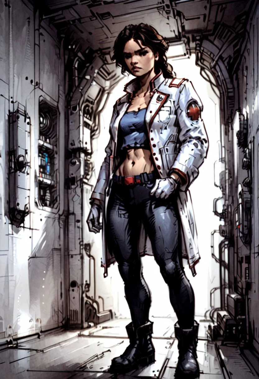 score_9, score_8_up, score_7_up, perfect face, best quality, masterpiece, lisa_caron, 1girl, solo, midriff, navel, blue crop top, red belt, black boots, medium breasts, white gloves, black leggings, white doctor jacket, standing, cowboy shot,
Detailed background, indoors, spaceship, dynamic angle, ultraHD, ultrarealistic, nightime, futuristic, Expressiveh