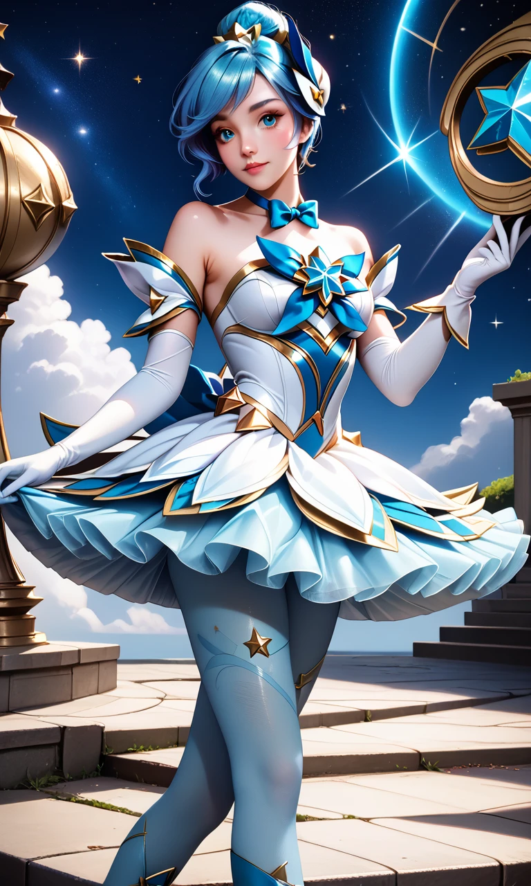 score_9, score_8_up, score_7_up, (solo, 1girl), absurdres, ,highres, official wallpaper), (masterpiece, best quality), (illustration, realistic), (perfect details, highest detailed, extreme detailed), <lora:SGOriSDXL-000040:1>, star guardian orianna, ((light blue pantyhose), elbow gloves, hair ornament, star guardian (league of legends), neck ribbon, star symbol, blue hair, dress, skirt