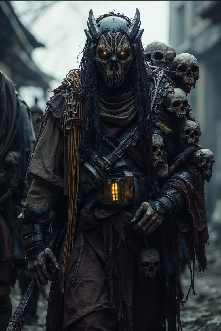A dark and ominous figure clad in tattered robes and advanced armor walks through a desolate, post-apocalyptic landscape. The figure wears a grim mask resembling a skull, with glowing yellow eyes piercing through the shadows. Skulls, some with mechanical augmentations, are strapped to their armor, giving the impression of a hunter or collector of the dead. They carry a large, weathered weapon with a glowing energy source embedded within, adding to their menacing presence. Draped in ropes and cloth, the figure’s appearance combines ancient, tribal elements with futuristic technology, evoking a sinister warlord or bounty hunter. The atmosphere is grim and foreboding, as ruins loom in the background, shrouded in mist and decay.