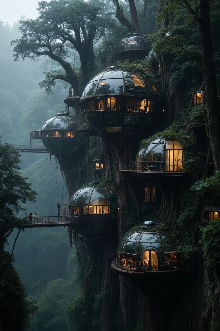 A breathtaking village of futuristic treehouses is nestled deep within a mist-covered forest. The spherical structures, built from a combination of glass, metal, and wood, are seamlessly integrated into massive, ancient trees. Bridges connect the homes high above the forest floor, creating a network of dwellings perched on the edge of towering cliffs. Ivy and moss drape over the buildings, blending them into the natural surroundings, while soft, glowing lights inside the homes contrast with the dark, misty forest outside. The atmosphere is serene and mystical, with a sense of harmony between advanced technology and the untouched wilderness, as if the inhabitants have mastered the balance of nature and progress.