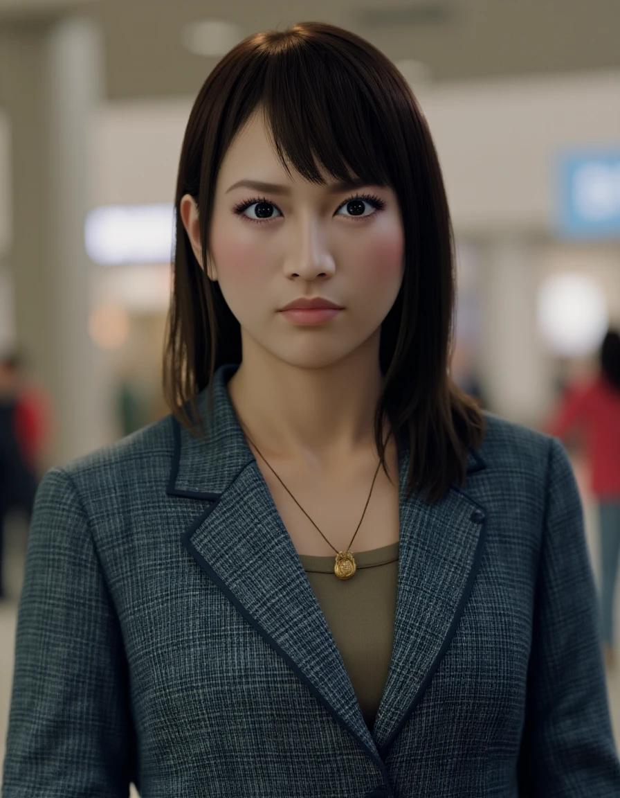 Upper body photo of skmkd with a serious expression. She is wearing a necklace and a gray textured blazer. The background implies the interior of a mall. <lora:Saeko_Mukoda_-_Flux-000001:1>