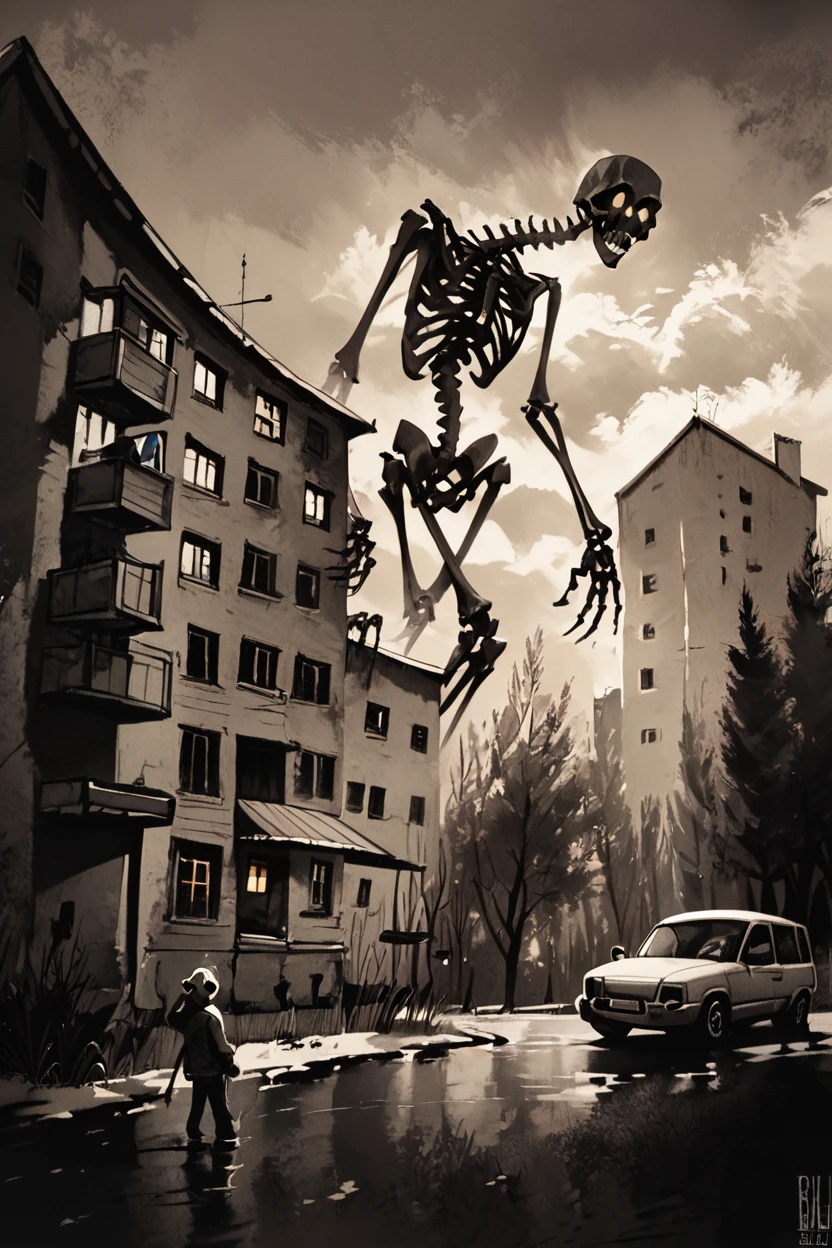 score_9, score_8_up, score_8,  ,,,  zzGiantSkeleton, 1boy, standing, monochrome, male focus, outdoors, tree, window, ground vehicle, building, motor vehicle, car, house, bone ,,, <lora:Giant_Skeleton_PDXL_v1:0.8>,  ,,, embedding:zPDXL,  <lora:CatalystStylePDXL:0.6>,  <lora:SDXLFaeTastic2400:0.5>,