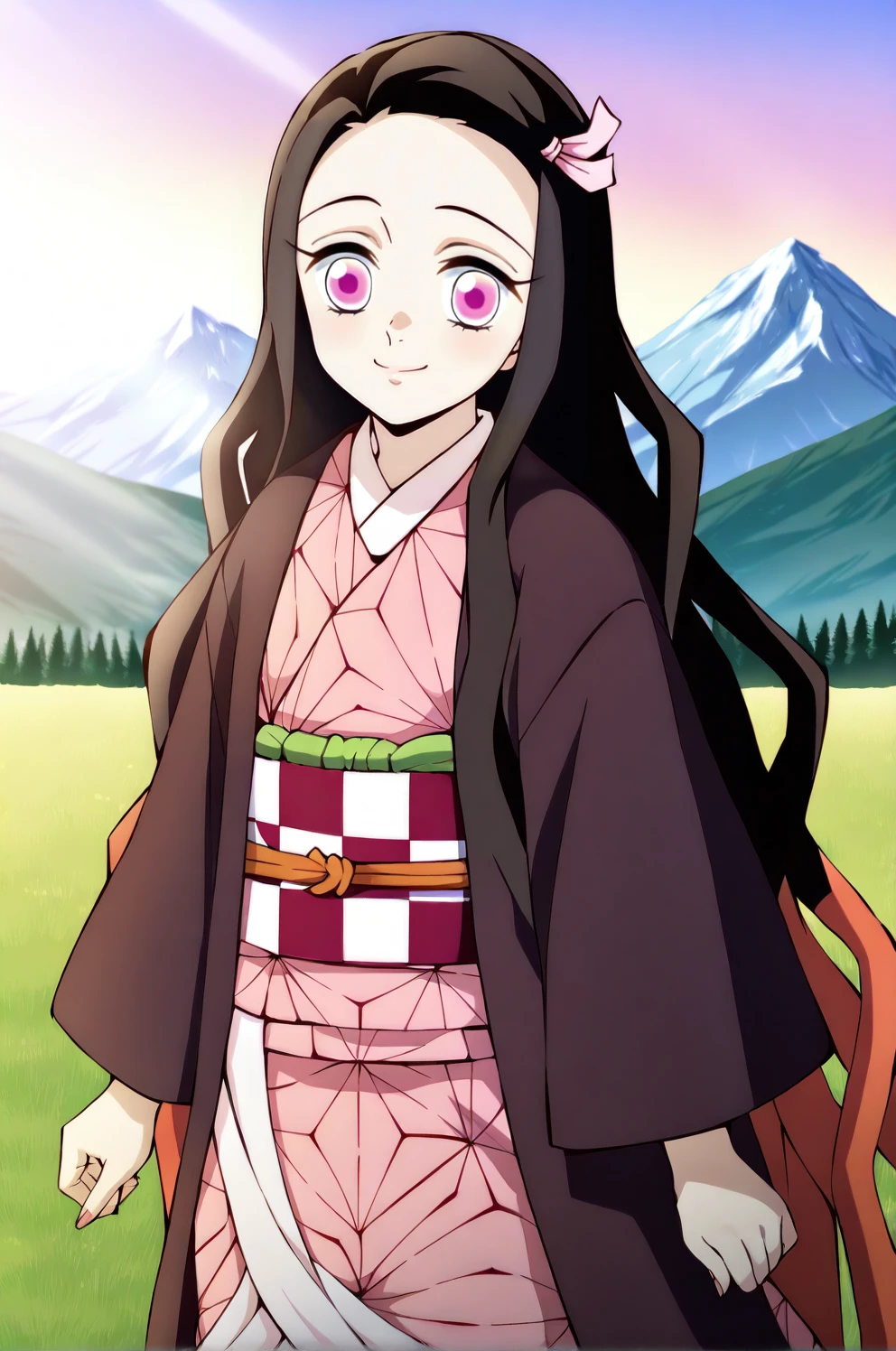 best quality, amazing quality, very aesthetic, absurdres,anime screencap, kamado nezuko,1girl,solo,cowboy shot,upper body,magenta pupils,black hair,two-tone hair,very long hair,black haori,pink kimono, checkered obi, pink hair ribbon,long sleeves,standing,looking at viewer,closed mouth,arms at sides,mountain,grass, smile, sunlight, dawn, grass,hill,asa no ha \(pattern\),  ,  <lora:NezukoIllus:1>