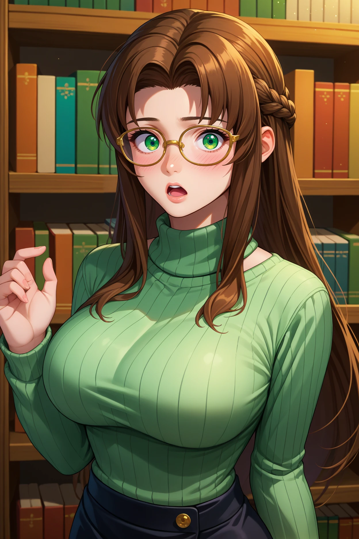 score_9, score_8_up, score_7_up, score_6_up, source_anime, 1girl, solo,  <lora:ifalna-pdxl-nvwls-v1-000005:1> ifalna, brown hair, long hair, parted bangs, braid, green eyes, grey sweater, turtleneck, ribbed sweater, black skirt, large breasts, glasses, bookshelf, chestnut mouth, blush, surprised, looking at you